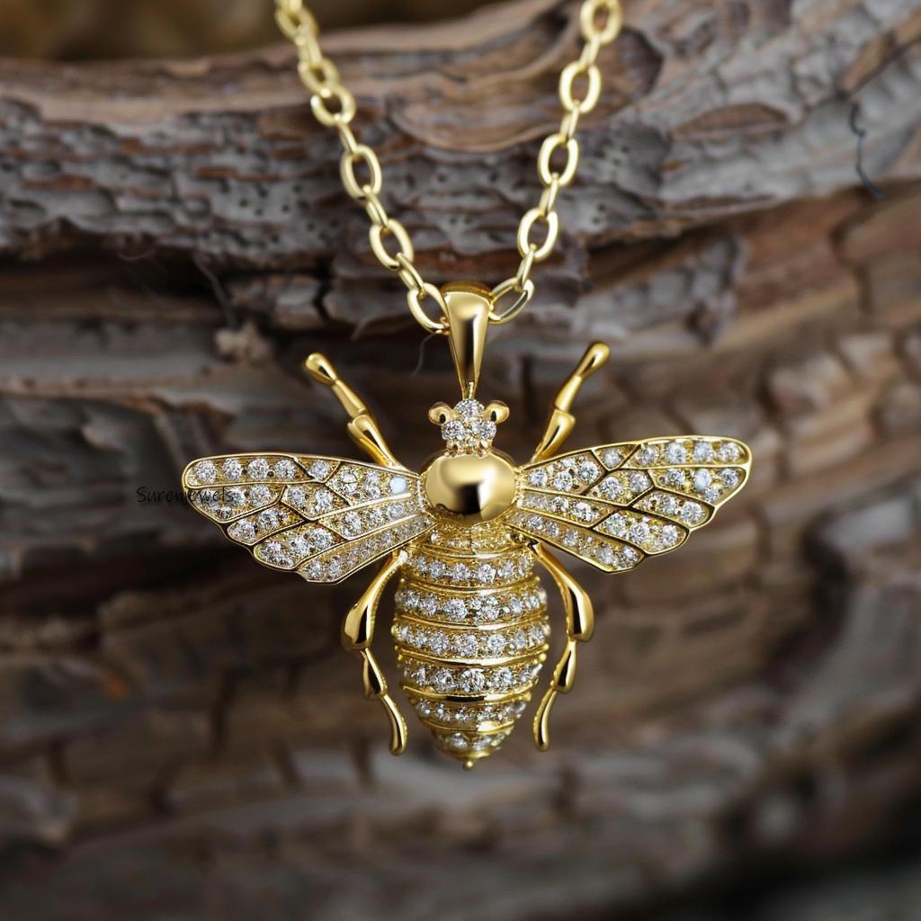 14K Gold Plated Diamond Honey Bee Pendant: Gemstone Silver Charm - View 3 - Suren Jewels | SKU: SJP4673-SLYGYSP-25M,SJP4207-S