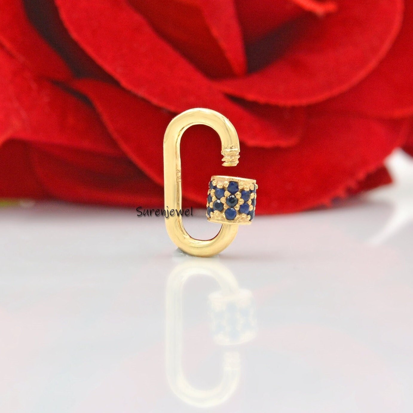 925 Silver Carabiner Lock: Blue Sapphire Accent, Handmade Jewelry (15*9 mm) - View 2 - Suren Jewels | SKU: SJC07-SLRGBSP-15M