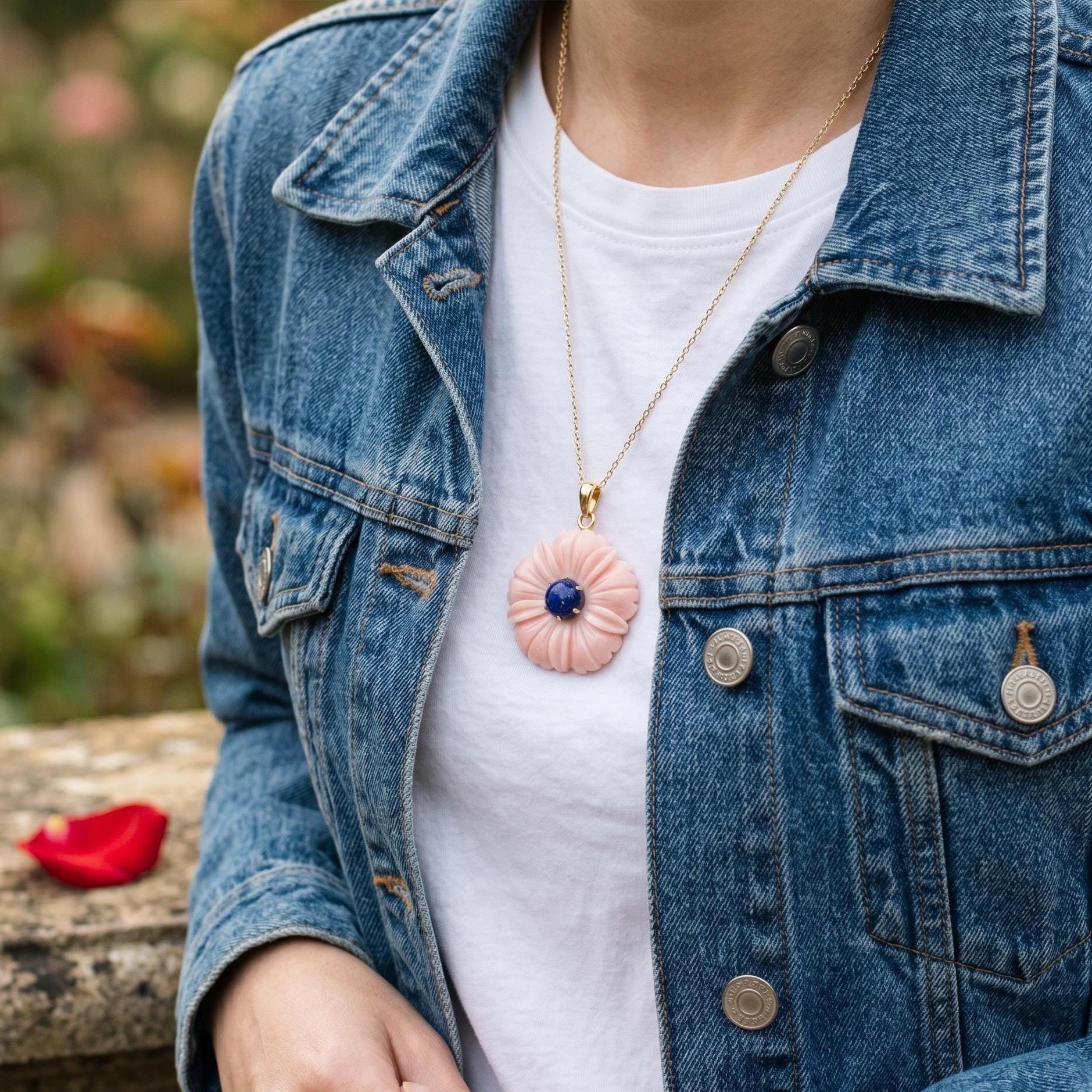 14K Gold Gemstone Flower Pendant, Hand Carving Flower Charm, Carved Flower Pendant, Gemstone Flower Jewelry, Designer Crystal