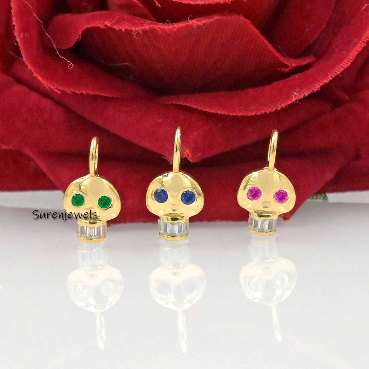 14k Gold Skull Pendant with Gemstone Eyes & Topaz Teeth - Suren Jewels | SKU: SJP2562