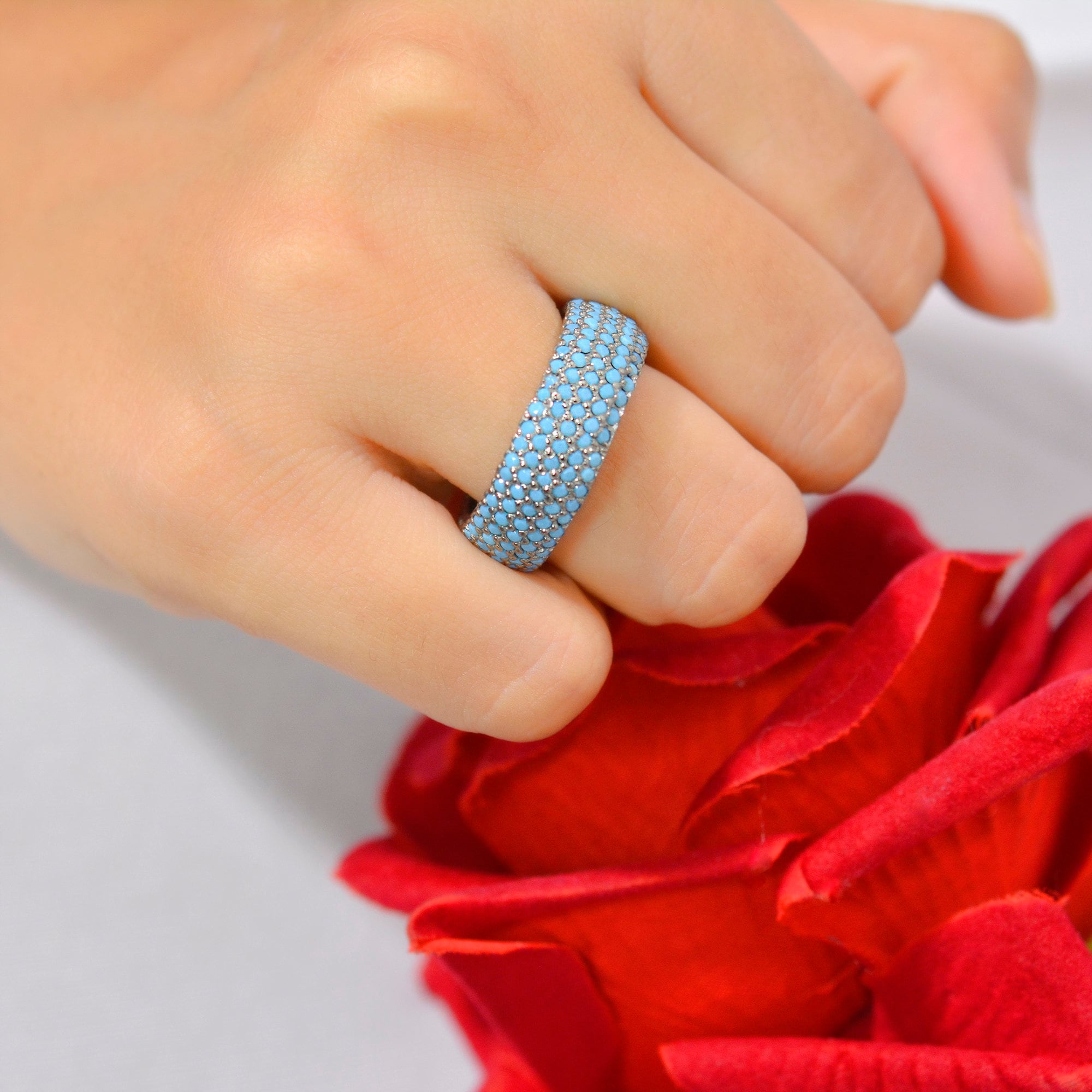 Turkish Turquoise 5 Row Ring, Gemstone Cigar Band - View 2 - Suren Jewels | SKU: SJR801-SLRGRHTQ-US-8