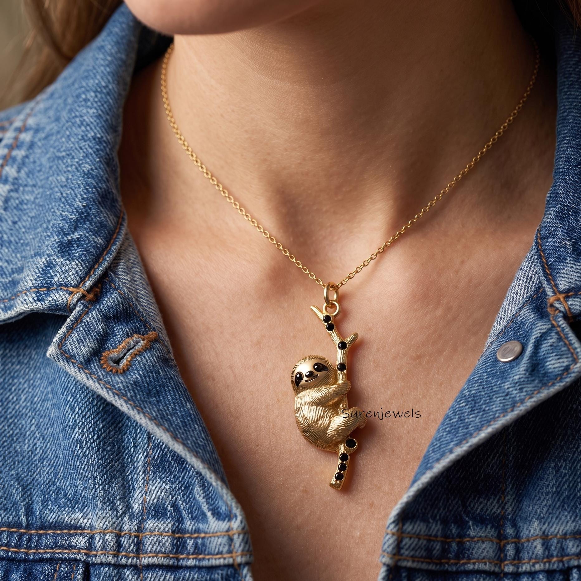 Hanging Sloth Necklace, Gold Tone Sloth on Branch Pendant, Nature Inspired Jewelry, Unique Animal Necklace, Gift for Sloth Lo