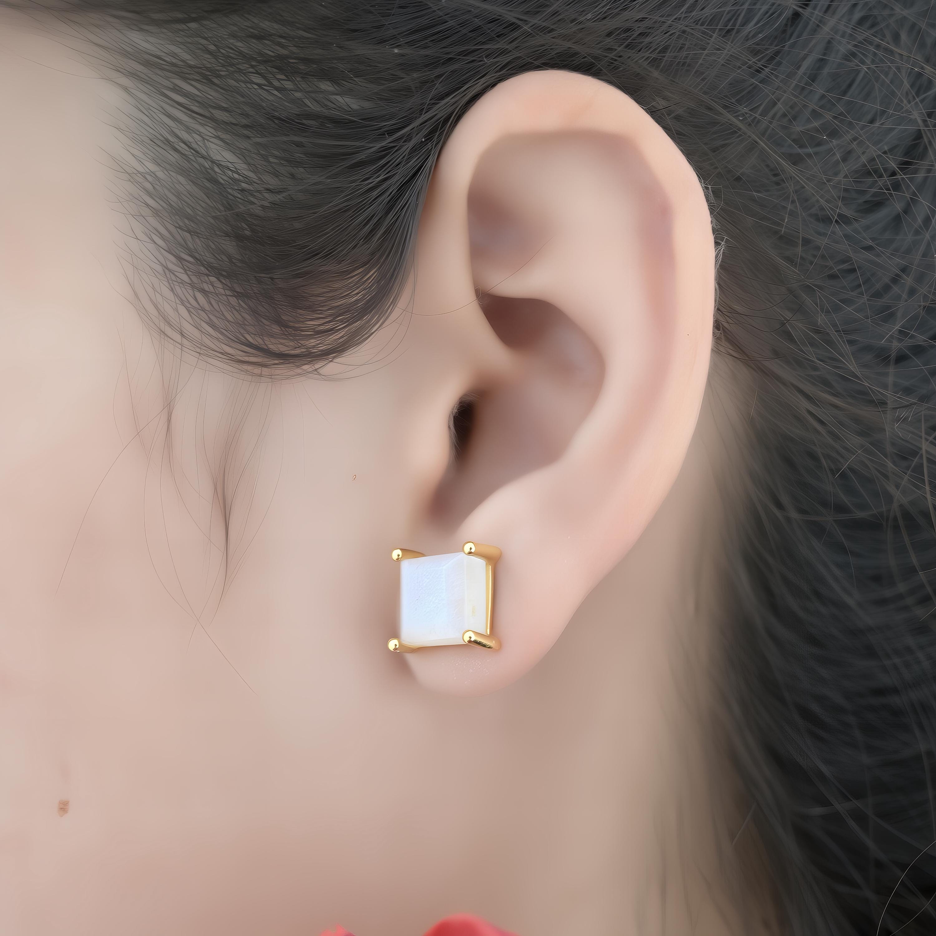 14k Gold Princess Cut Gemstone Stud Earrings: Square Rose Quartz - View 5 - Suren Jewels | SKU: SJE1695-SLRGRQ-10M