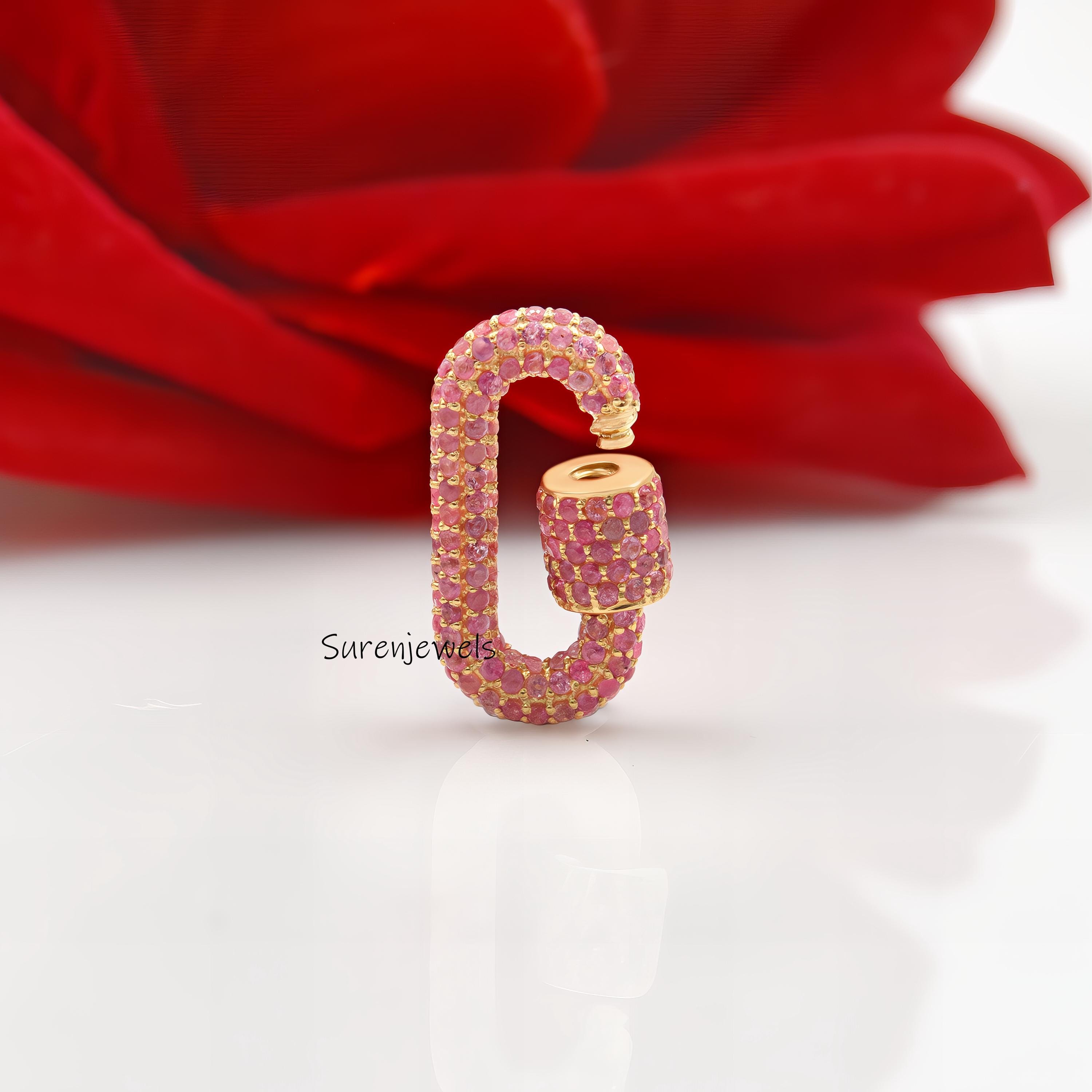 14K Gold Diamond Carabiner Lock Pendant: Full Pave Oval Charm - View 2 - Suren Jewels | SKU: SJC10-14KRGDI-19M