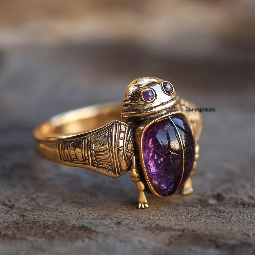 14k Gold Scarab Ring: Hand Carved Gemstone Amulet - View 3 - Suren Jewels | SKU: SJR2821-SLWGTQ-US-7,SJR