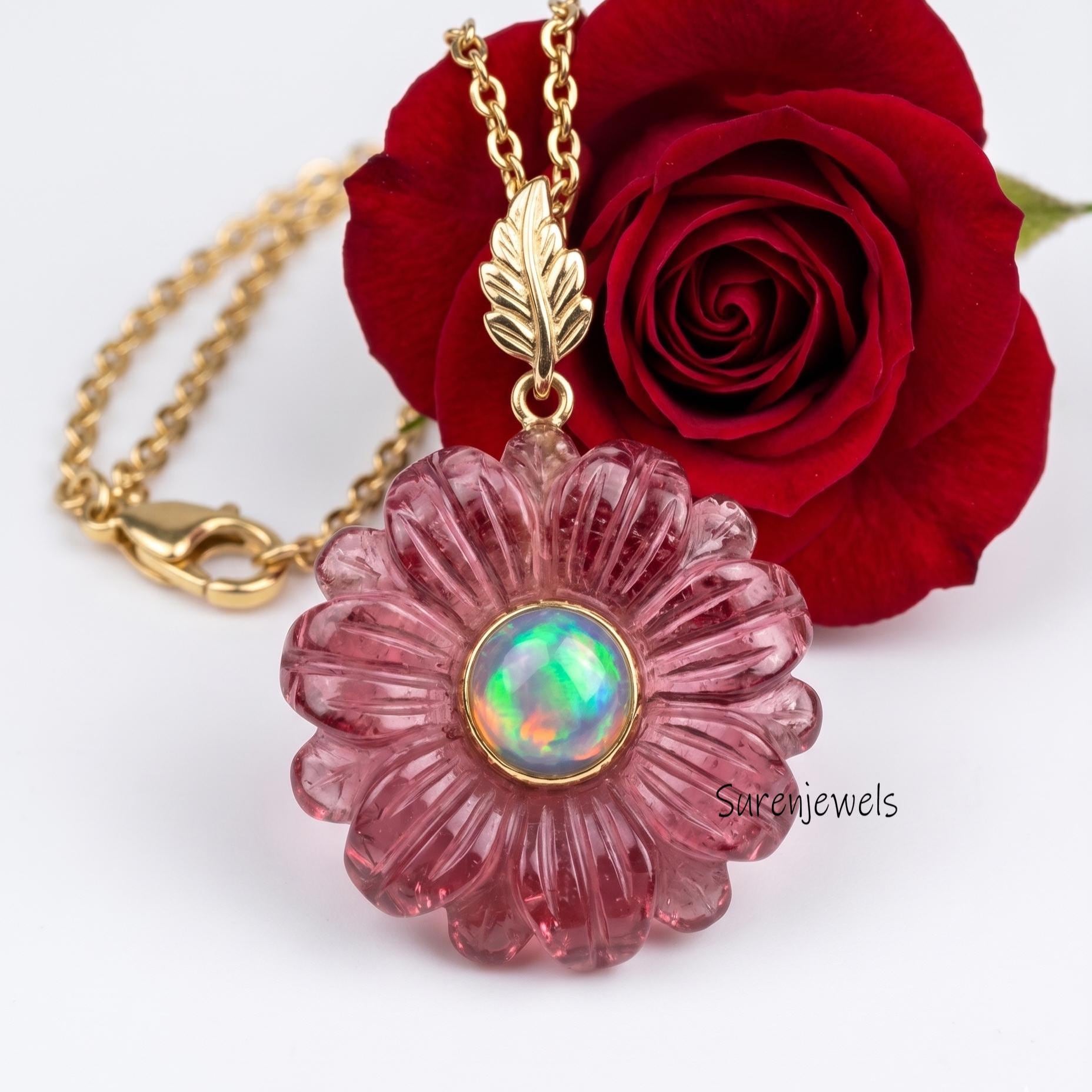 14k Gold Gemstone Flower Pendant, All Gemstone Designer Flower Charm, Quartz Flower Pendant, Unique Flower Pendant, Turquoise