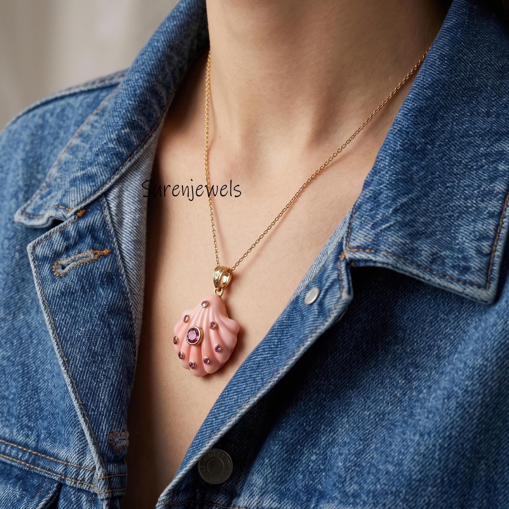 14K Yellow Gold Hand Carving Designer Shell Pendant, All Gemstone Carved Shell Charm Pendant, Gemstone Shell Jewelry, Trendy