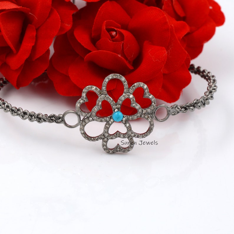 925 Silver Diamond Heart Bracelet Pave Diamond Jewelry, Handmade Oxidized Diamond Heart Bracelet Jewelry Pave Diamond Heart Bracelet