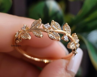 14k Gold Diamond Olive Leaf Ring: Pave Branch Design
