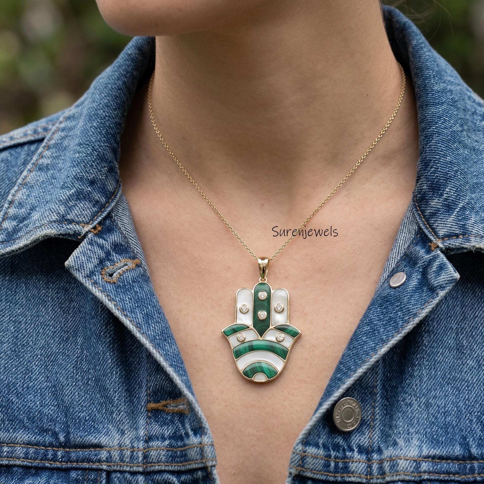 14k Gold Carved Gemstone Fatima figa hand Pendant Jewelry - Suren Jewels | SKU: SJP