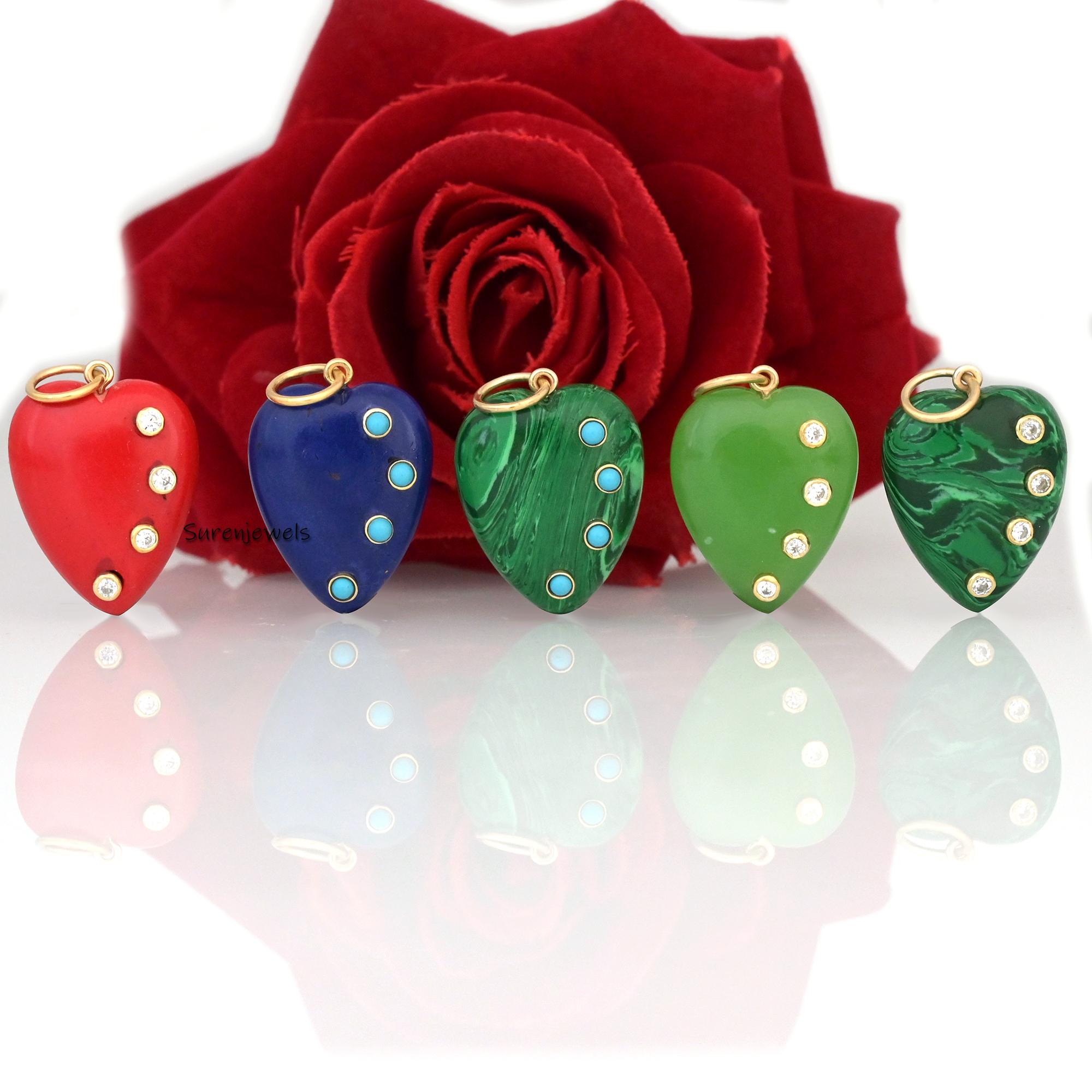 14K Gold Gemstone Heart Pendant: Turquoise, Opal, Coral, Malachite - Suren Jewels | SKU: SJP3029-SLYGAM