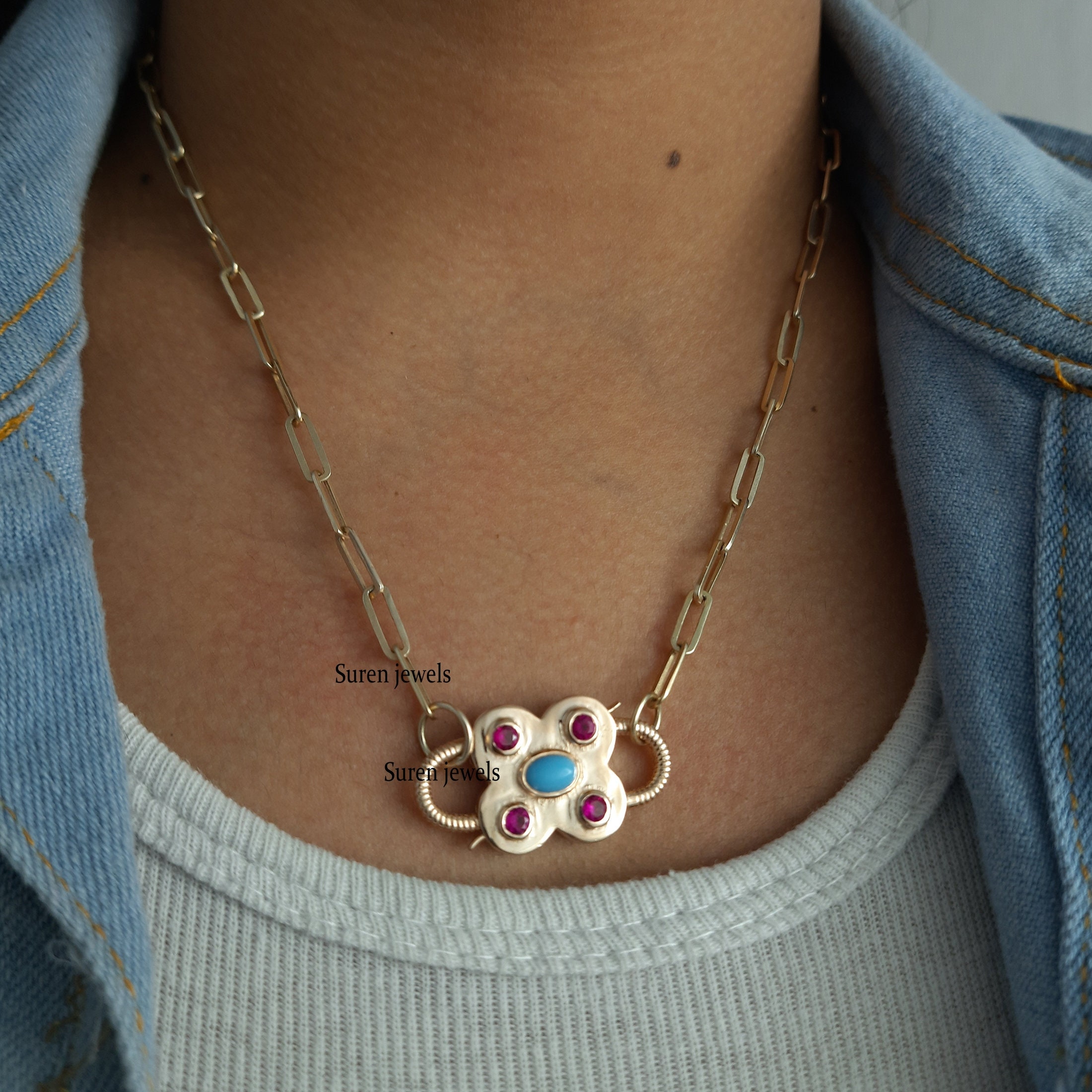 Handmade 14k Gold Plated Turquoise Padlock Pendant: Openable Jewelry - View 5 - Suren Jewels | SKU: SJP65-SLYGTQPO-N47-18I-92
