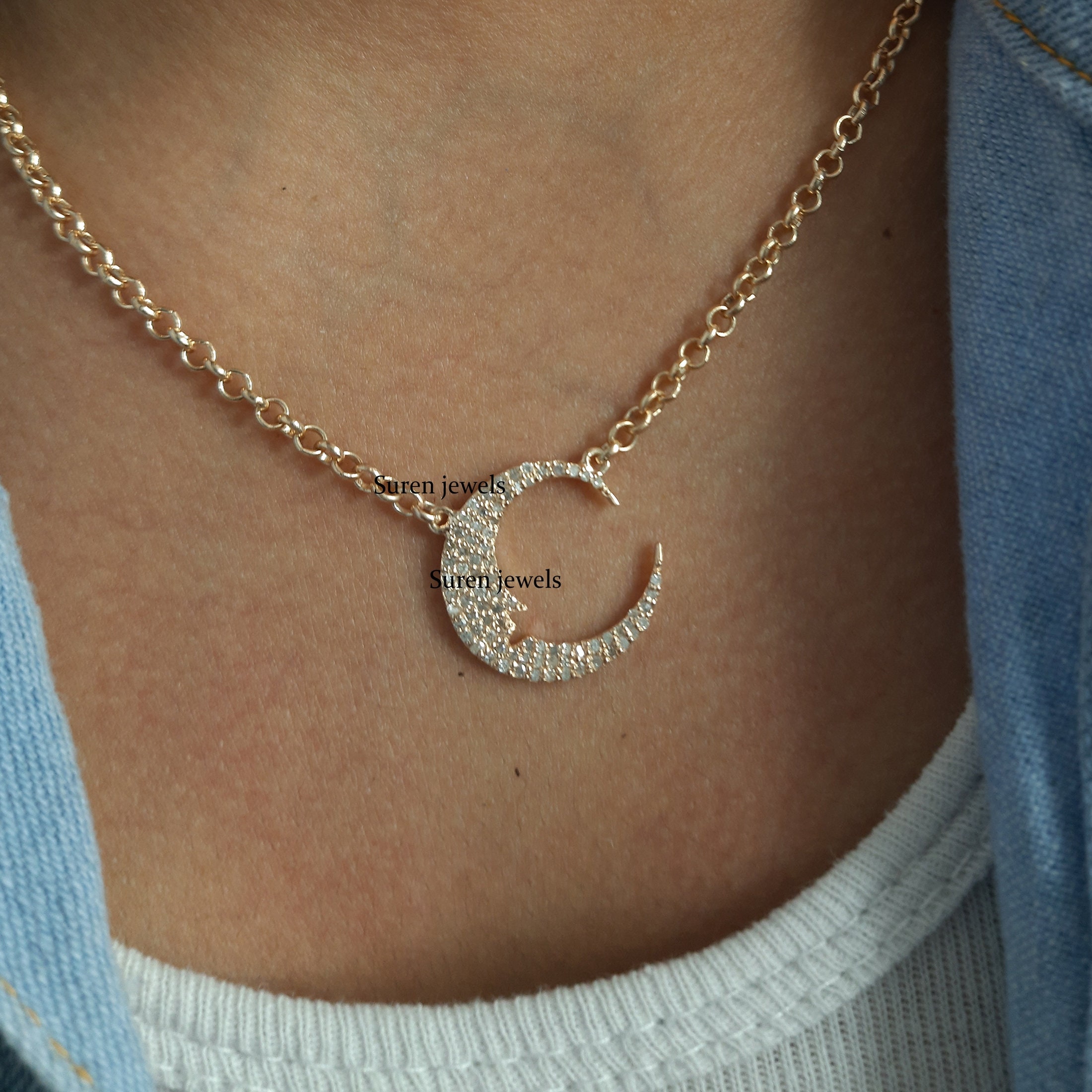 Sterling Silver Diamond Crescent Moon Pendant: Dainty Half Moon Charm - View 2 - Suren Jewels | SKU: SJN245-SLYGDI-20I-925