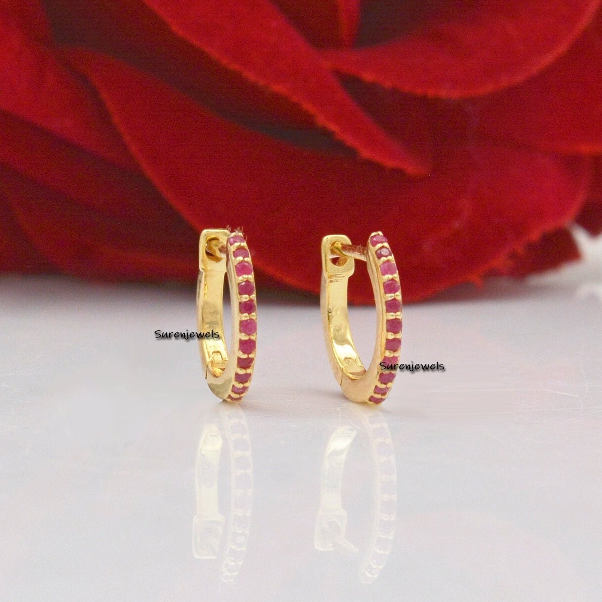 14k Solid Gold Turquoise Huggie Hoop Earrings: Handmade Hinged Jewelry - View 4 - Suren Jewels | SKU: SJE66-9KYGTS