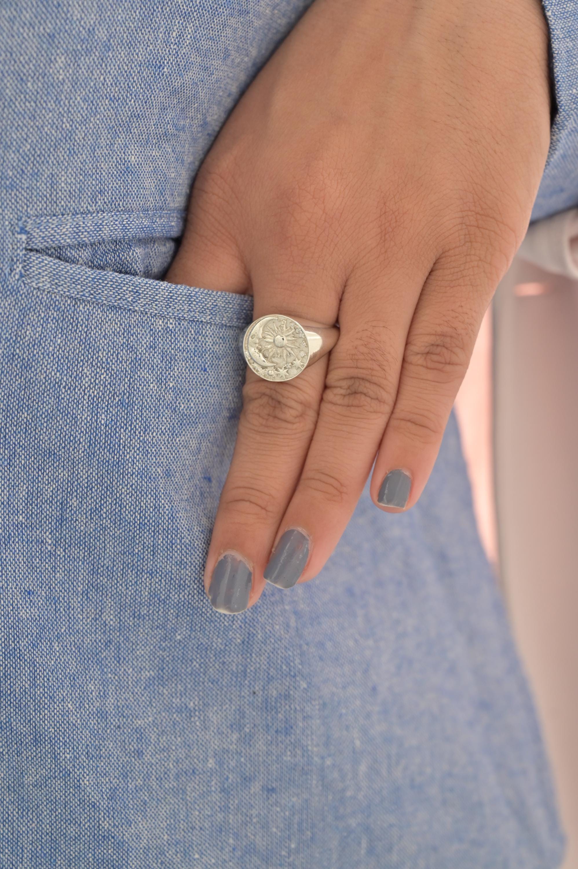 14K Gold Celestial Moon Star Signet Ring: Diamond Accent - View 5 - Suren Jewels | SKU: SJR3151-,SJR