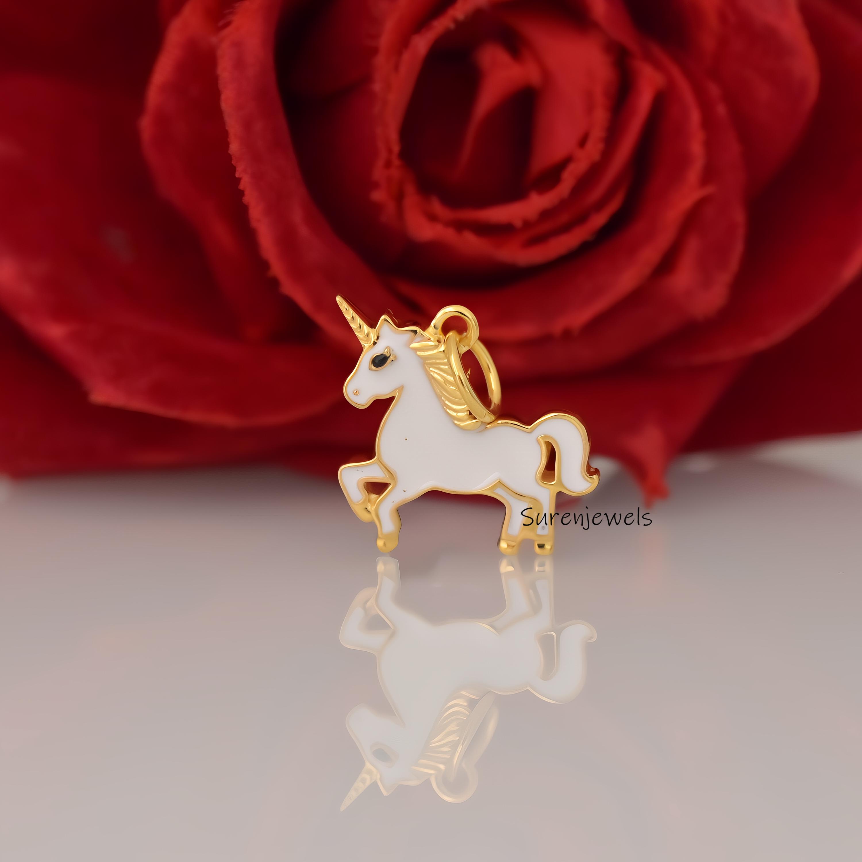 14k Gold Enamel Unicorn Pendant: Pegasus Winged Horse Charm - View 2 - Suren Jewels | SKU: SJP4775-SLYGELWELBK-20M,SJP4720-SL