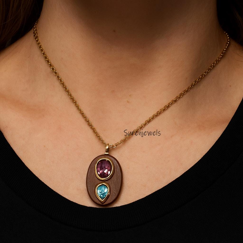 14k Gold Double Gemstone Oval Pendant, Oval Shaped Charm - View 2 - Suren Jewels | SKU: SJP5063-SLYGMSBTPCZ-25M