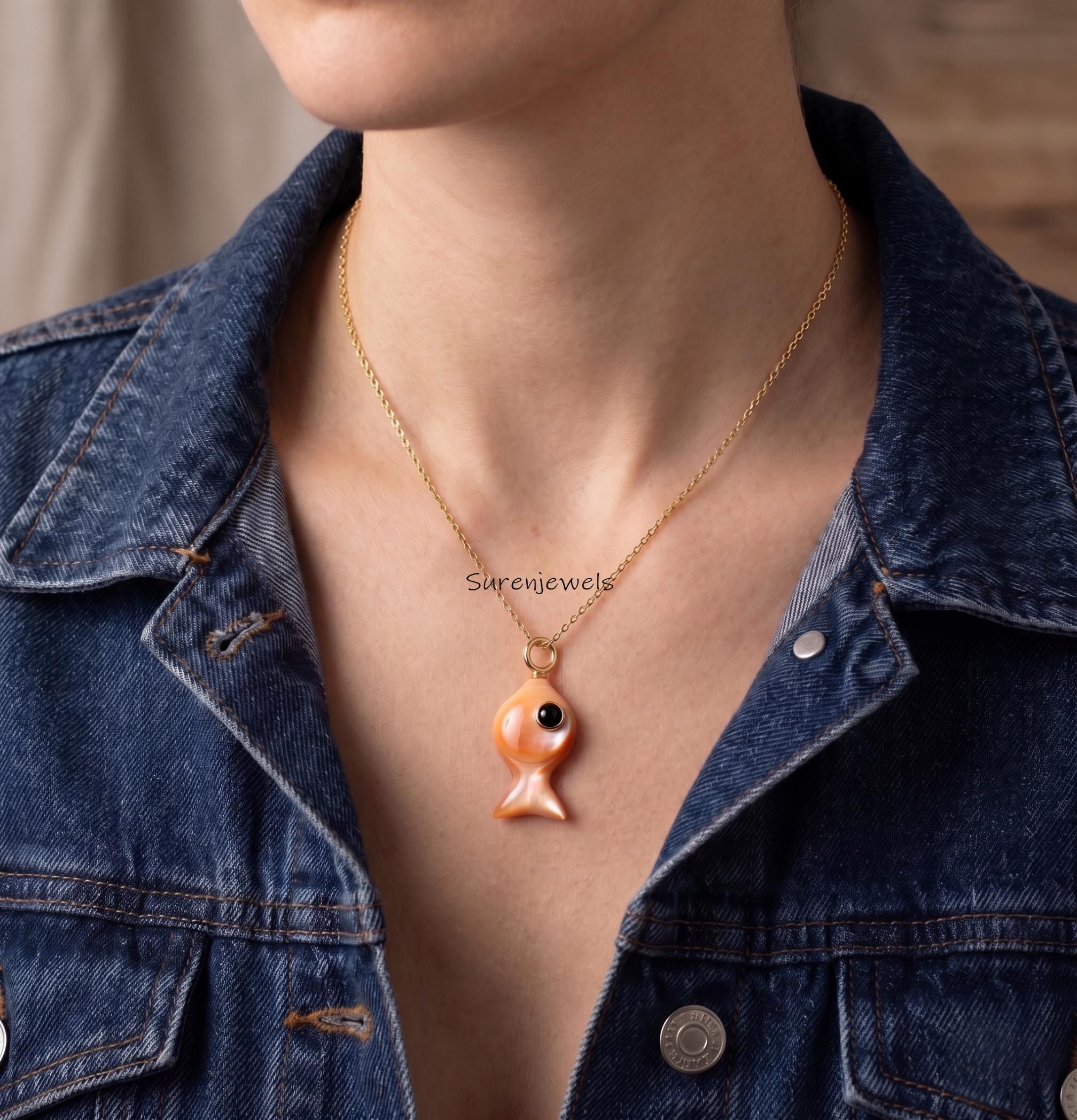 14K Gold Gemstone Fish Pendant By Surenjewels, Designer Fish Pendant, Opal Fish Pendant, Trendy Fish Pendant, Turquoise Fish