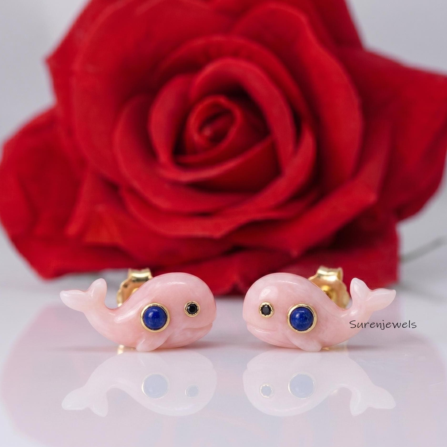 14K Gold Plated Pink Opal Whale Stud Earrings, Lapis Lazuli Whale Earrings, Ocean Animal Jewelry, Cute Marine Life Gift - Sur
