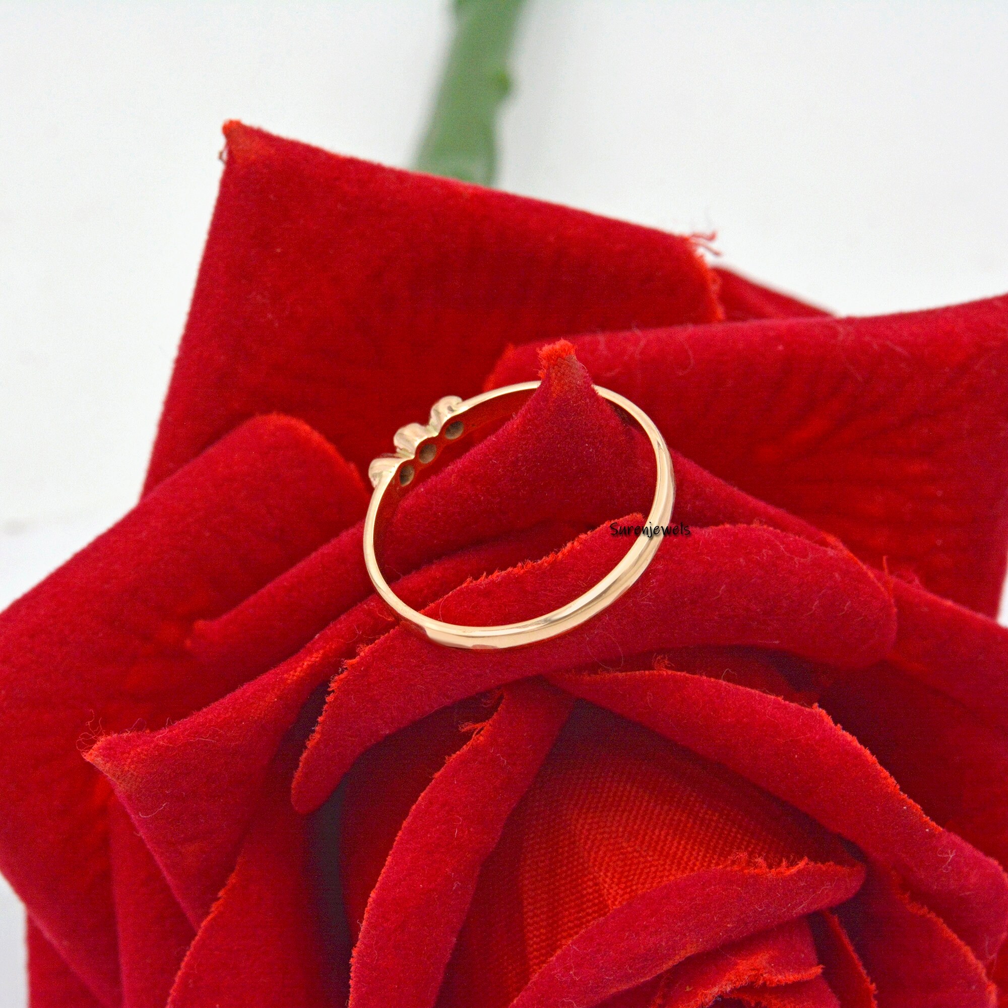 14K Solid Gold Diamond Ring: Bezel Set Three Stone Ring - View 5 - Suren Jewels | SKU: SJR700-14KRGDI