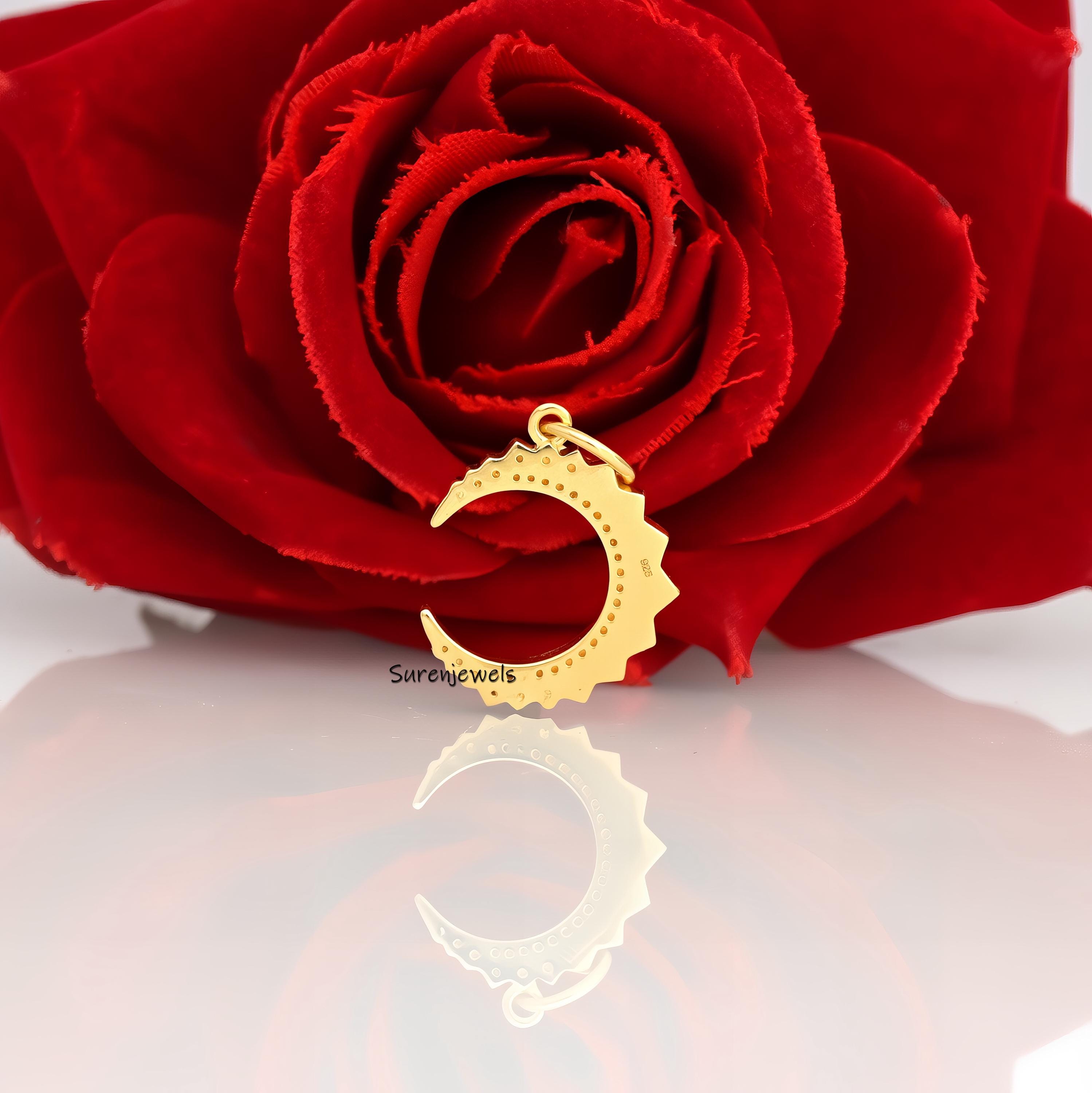14k Gold Turquoise Crescent Pendant: Silver Diamond Moon Charm - View 2 - Suren Jewels | SKU: SJP1298-SLYGCZPL