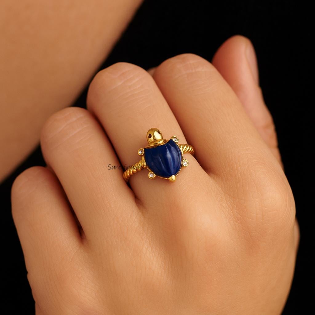 Carved Lapis Lazuli Turtle Ring, Gold Statement Animal Ring for Women, Handmade Blue Gemstone Sea Turtle Jewelry, Nature Insp