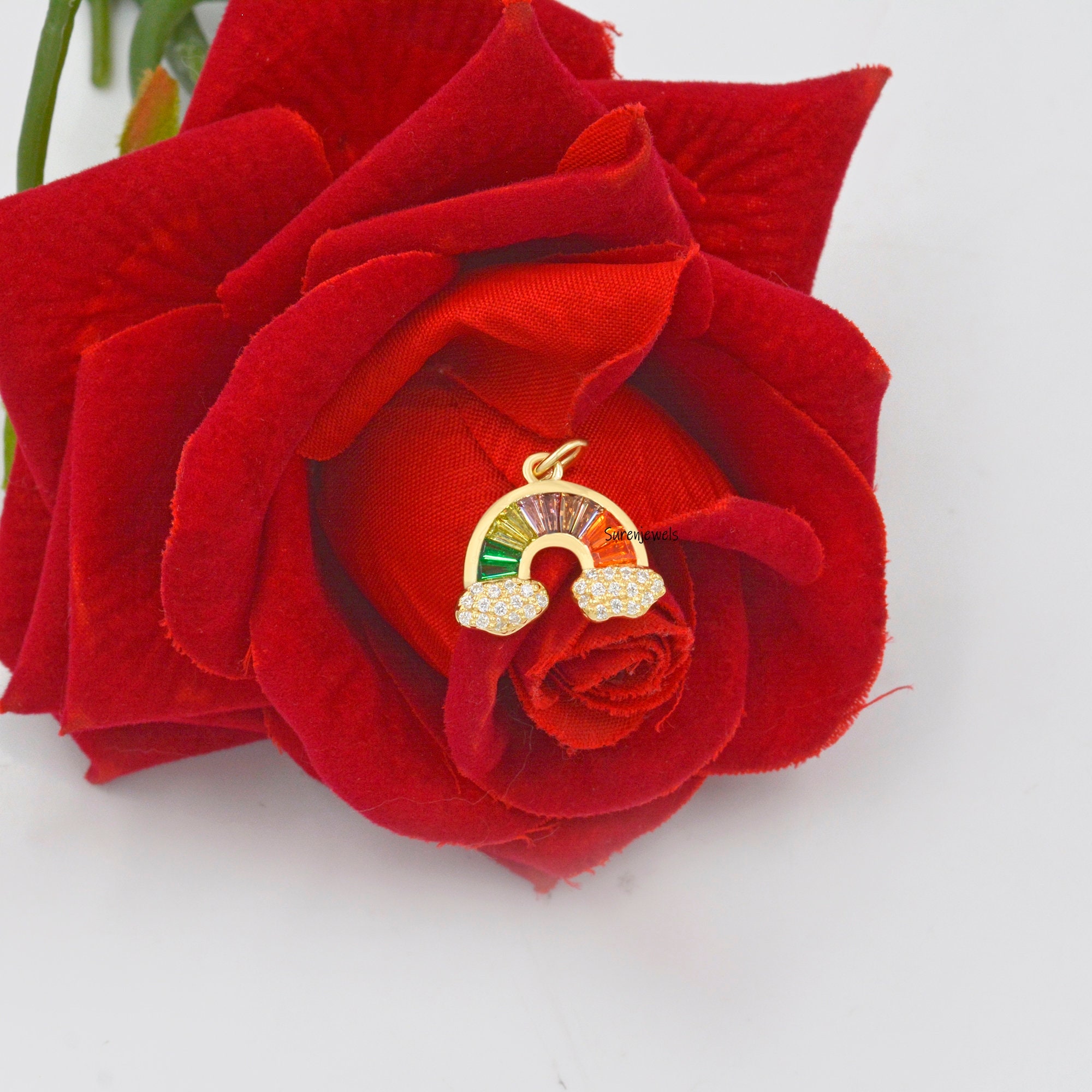 14k Gold Plated Rainbow Pendant: Multi Baguette Charm - View 6 - Suren Jewels | SKU: SJP1183-SLYGMTBTTCZ
