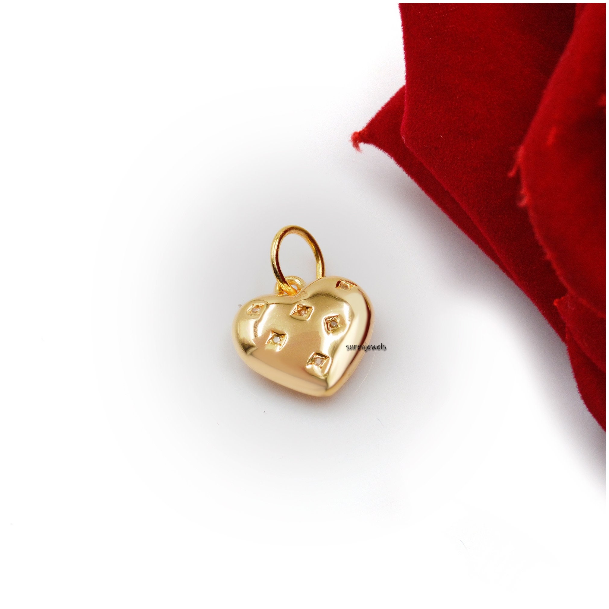 14K Gold Mini Puffy Heart Pendant: Diamond Charm - View 3 - Suren Jewels | SKU: SJP1294