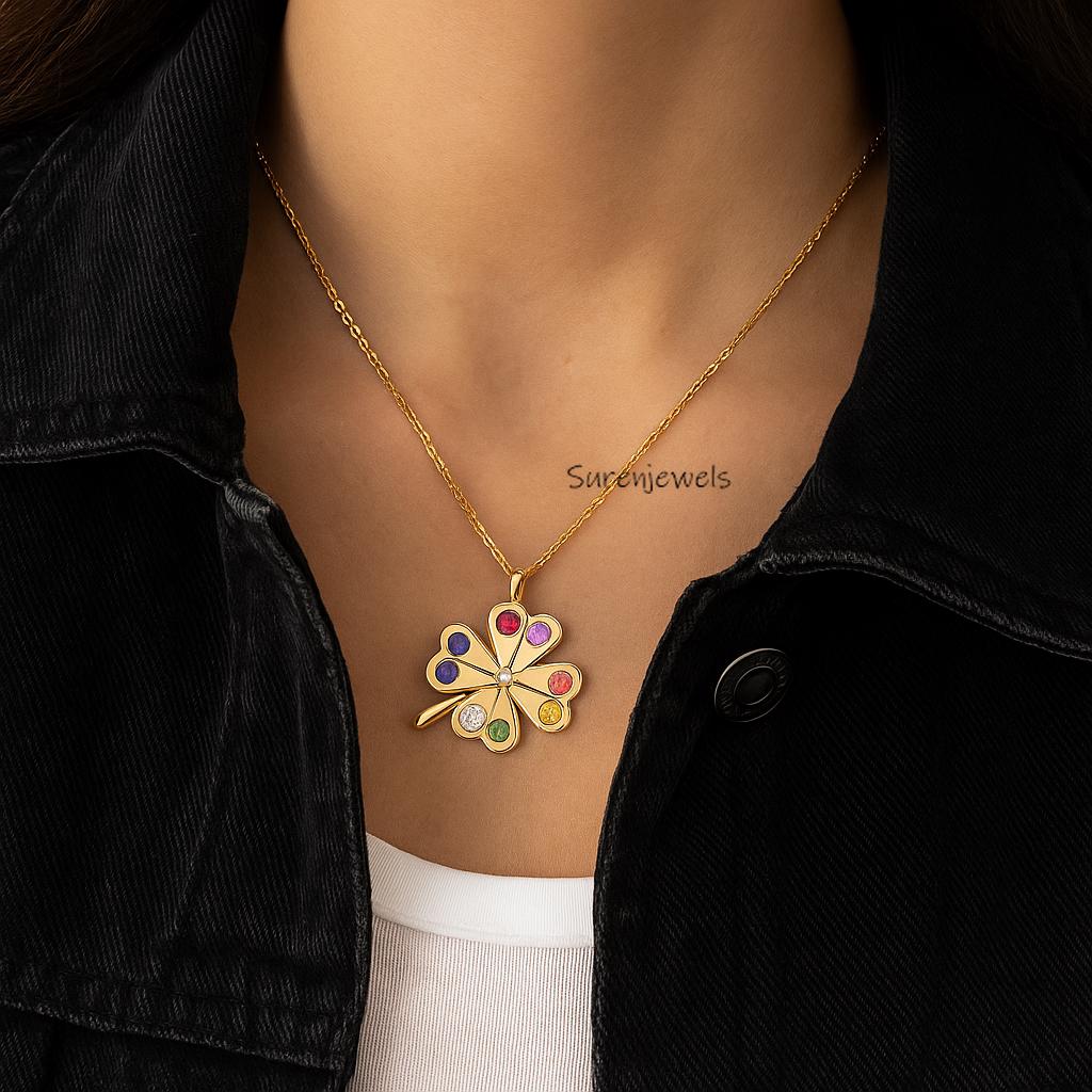 14k Gold Gemstone Clover Pendant, Multi Stone Clover Charm - Suren Jewels | SKU: SJP5399-SLYGMG-30M
