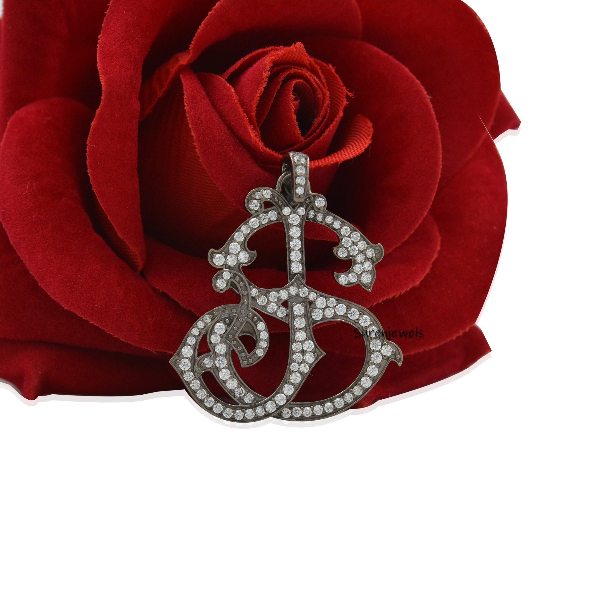 Sterling Silver Custom Monogram Pendant: CZ Initial Charm - View 3 - Suren Jewels | SKU: SJP540-SLYGDI-SJ