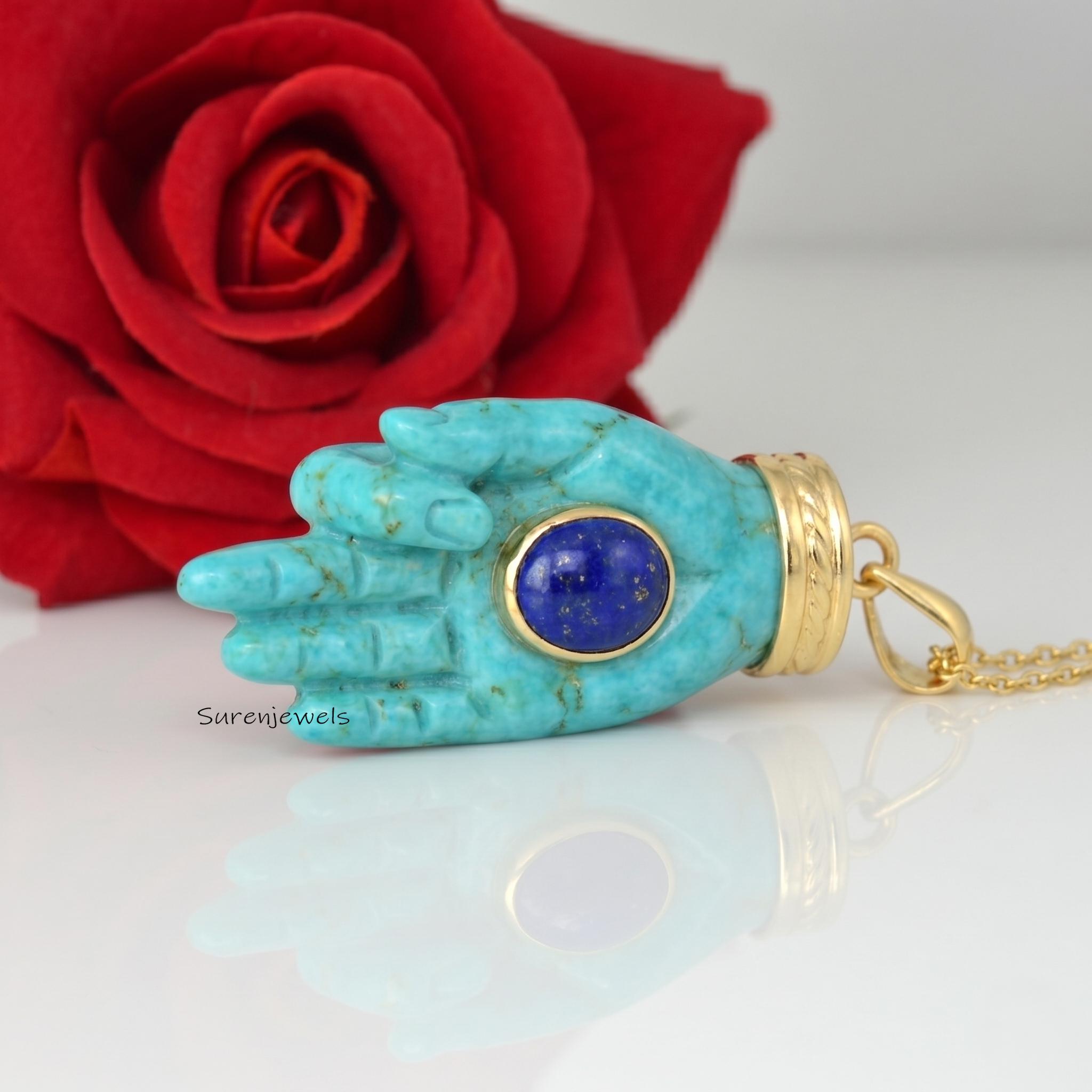 14k Gold hand Carved Gemstone Figa Hand Pendant, Gemstone Figa Pendant, Coral Figa Hand Pendant - View 4 - Suren Jewels | SKU