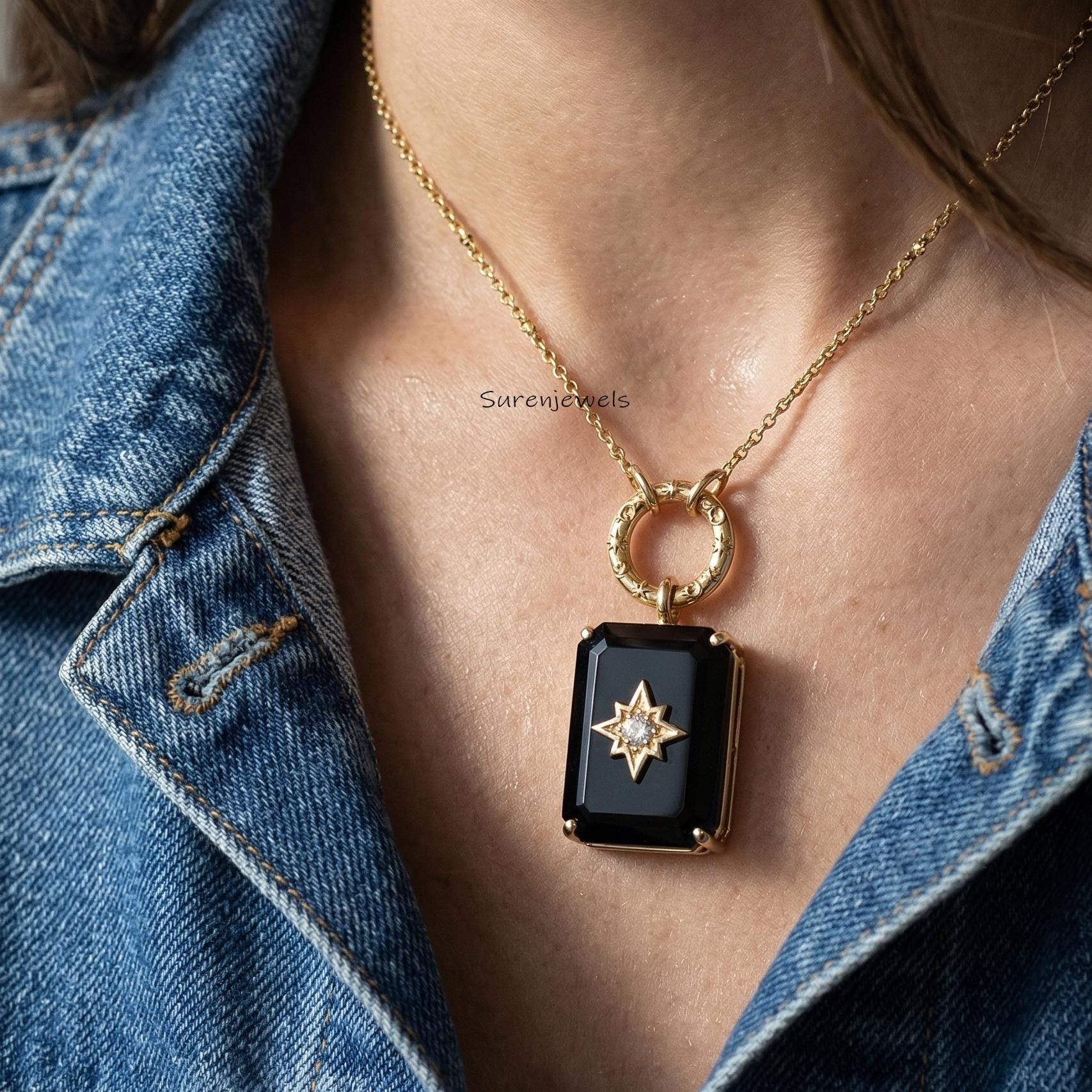 14k Gold Gemstone Square Star Pendant, Handmade Designer Rectangle Gemstone Necklace - View 2 - Suren Jewels | SKU: SJP