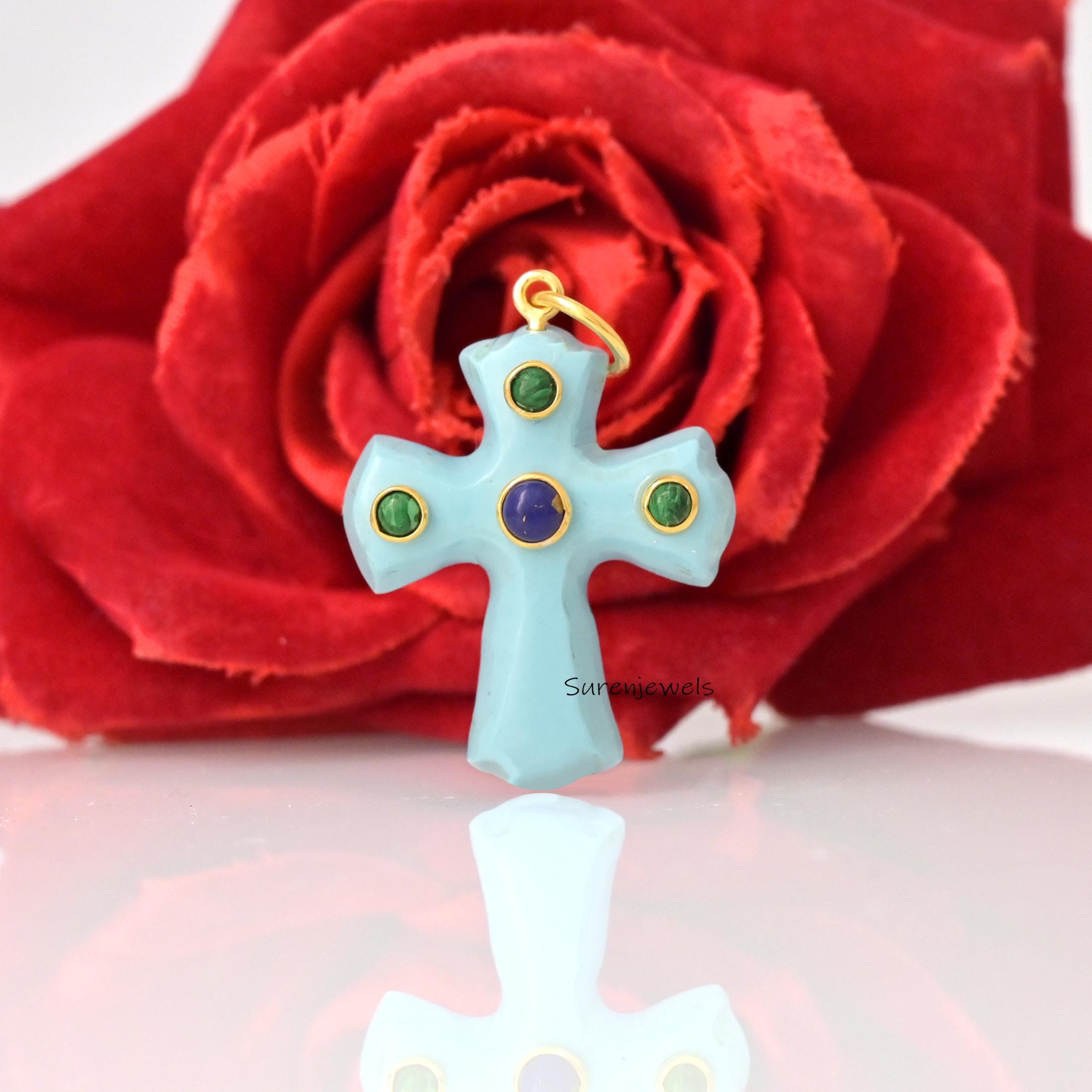14k Gold Gemstone Cross Pendant, Hand Carved 925 Silver Setting - Suren Jewels | SKU: SJP5142-SLYGTQLPZMK-35M