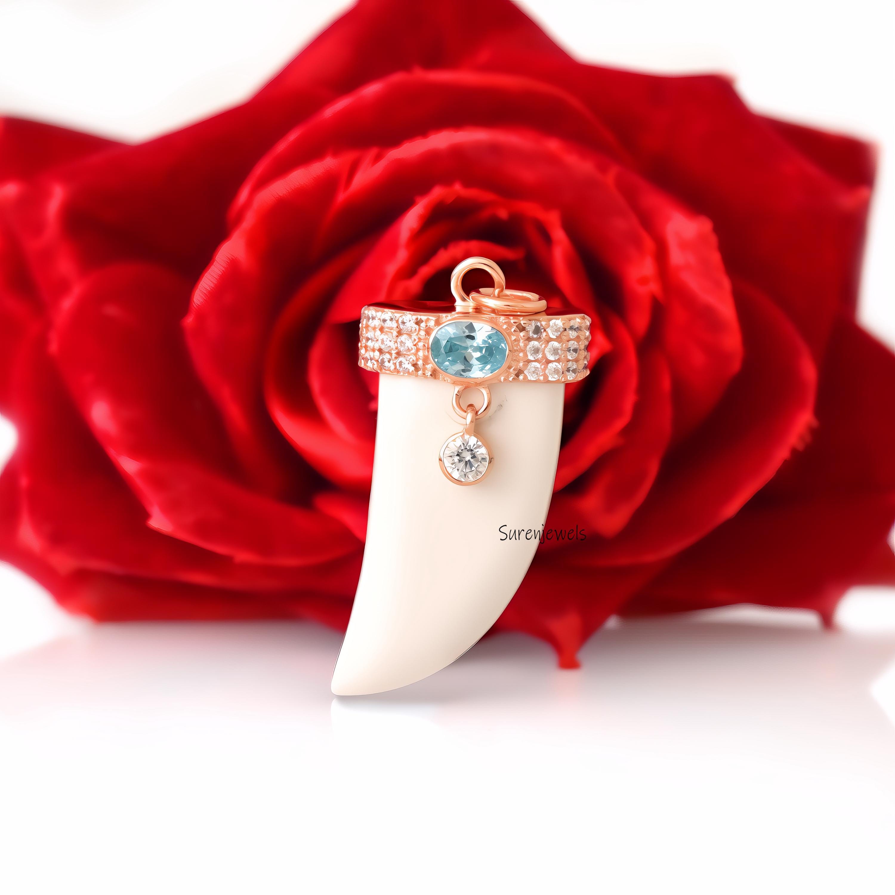 14K Gold Gemstone Horn Pendant: Tibetan Buffalo Horn, Turquoise & CZ - Suren Jewels | SKU: SJP4776-SLYGTQCZ-40M