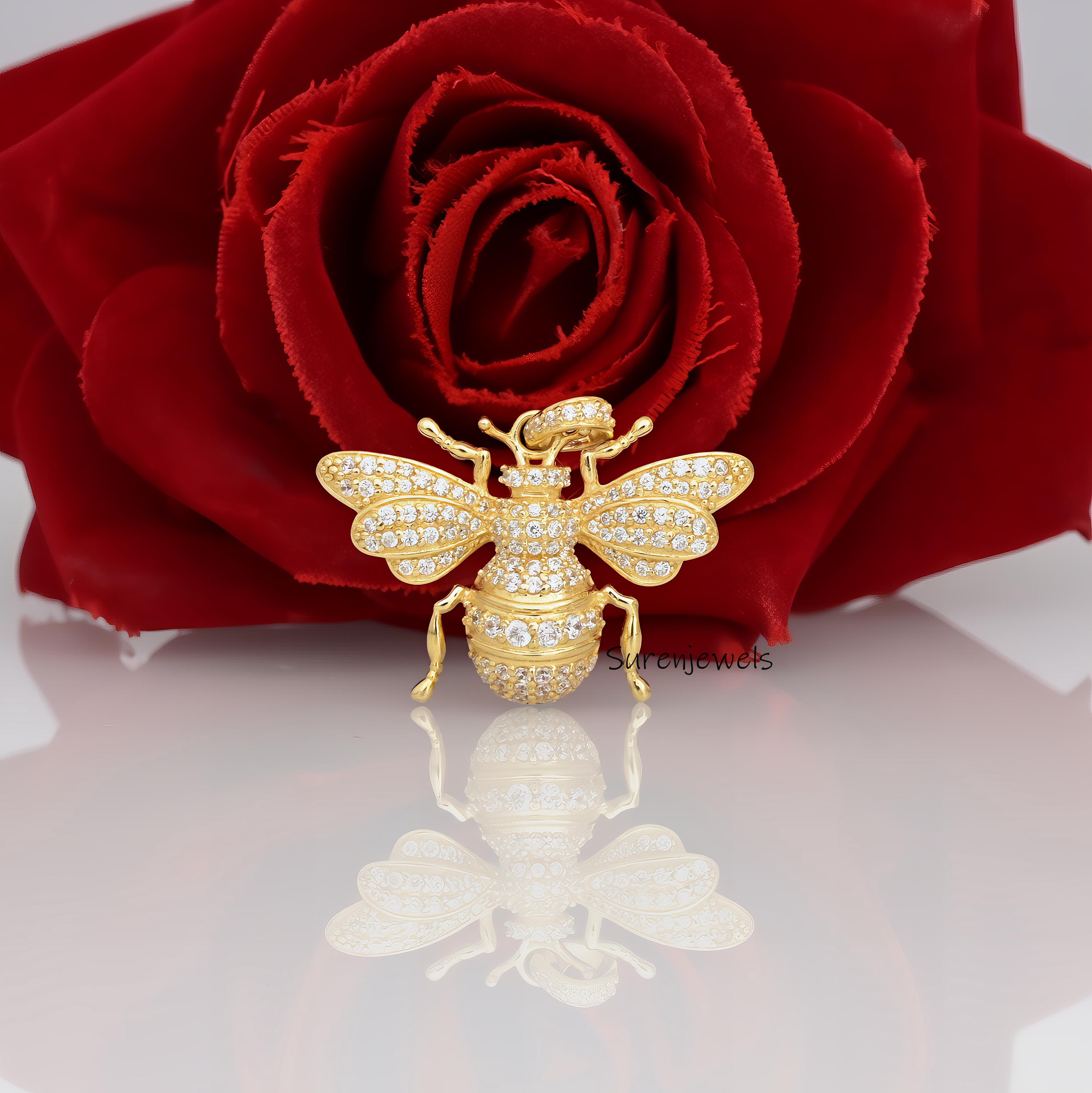 14K Gold Plated Diamond Honey Bee Pendant: Gemstone Silver Charm - Suren Jewels | SKU: SJP4673-SLYGYSP-25M,SJP4207-SLYGCZ-25M