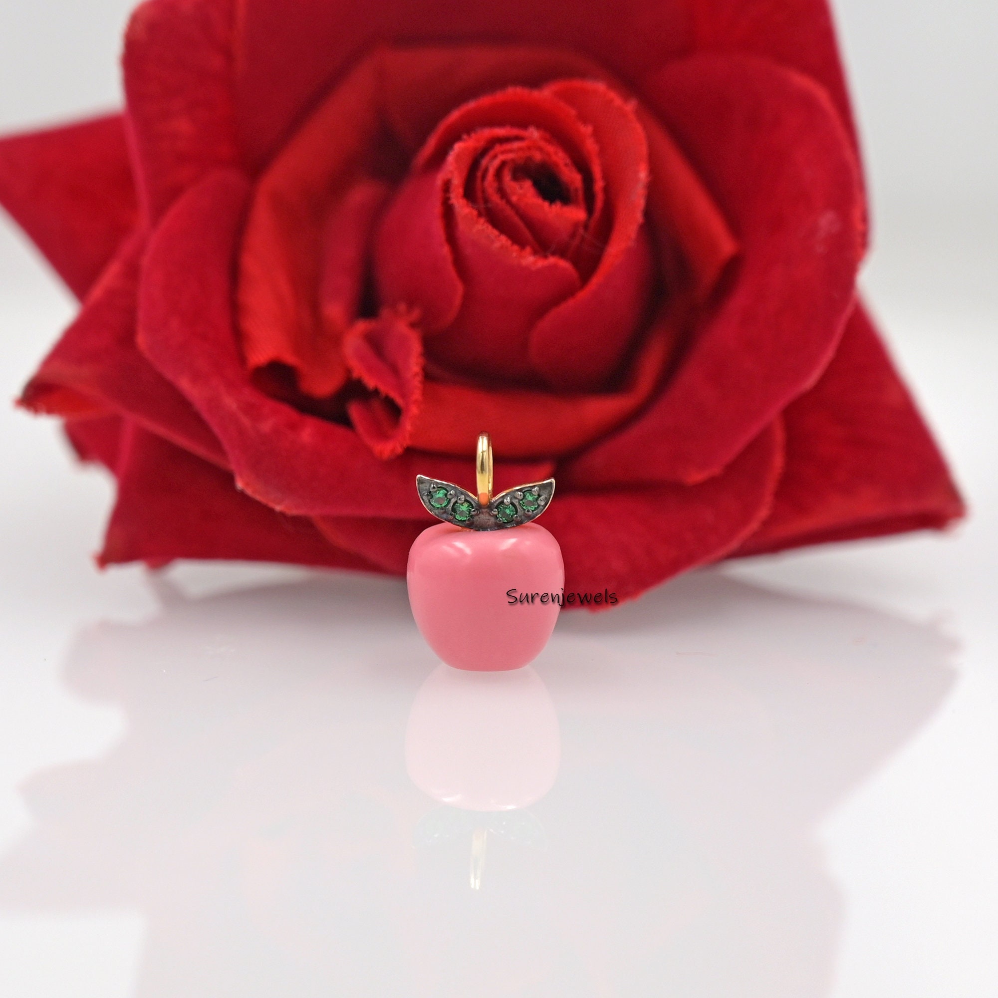 Handmade 14K Gold Apple Pendant with Green Cz Leaves - View 3 - Suren Jewels | SKU: SJP1658