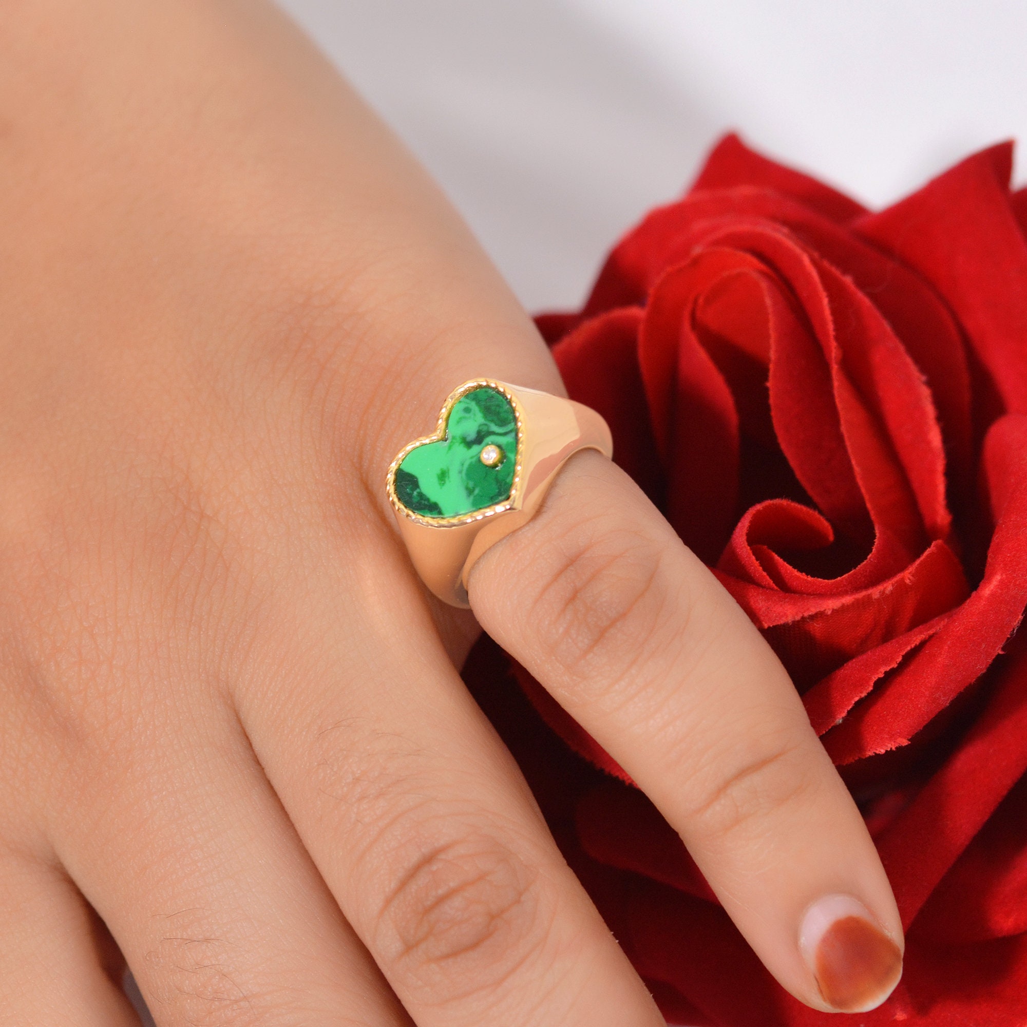 14k Gold Heart Signet Ring: Gemstone & White Topaz - View 3 - Suren Jewels | SKU: SJR1017-SLYGMKWT-US-5