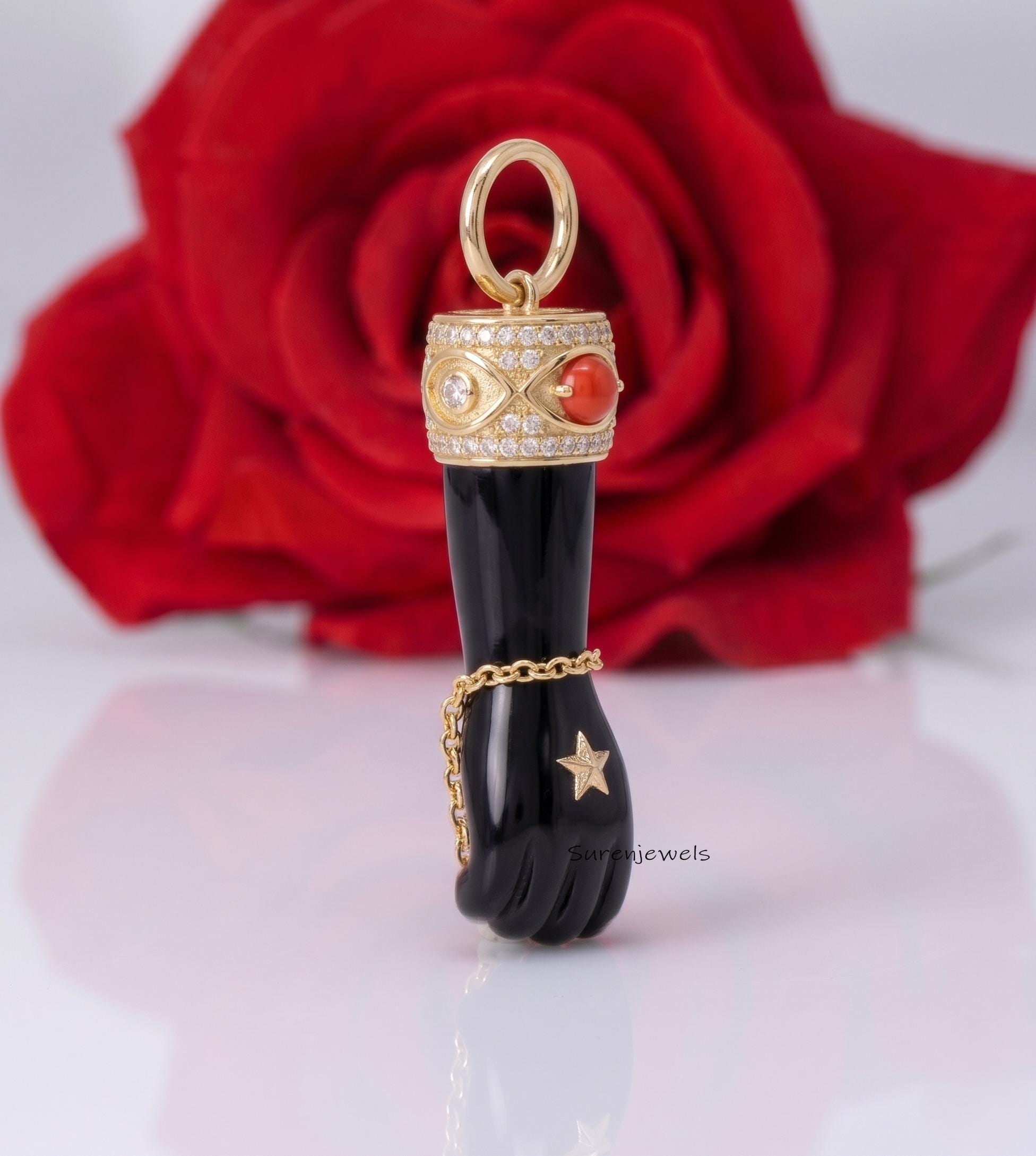 14k Gold hand Carved Gemstone Figa Hand Pendant, Gemstone Figa Pendant, Coral Figa Hand Pendant - View 2 - Suren Jewels | SKU