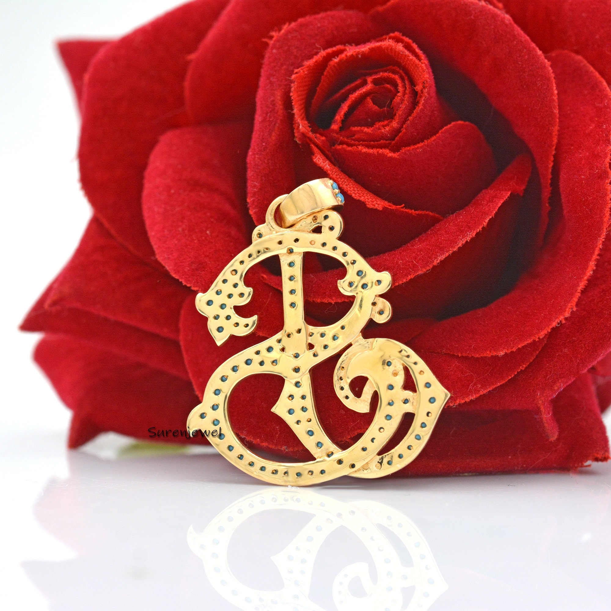 Sterling Silver Custom Monogram Pendant: CZ Initial Charm - View 2 - Suren Jewels | SKU: SJP540-SLYGDI-SJ