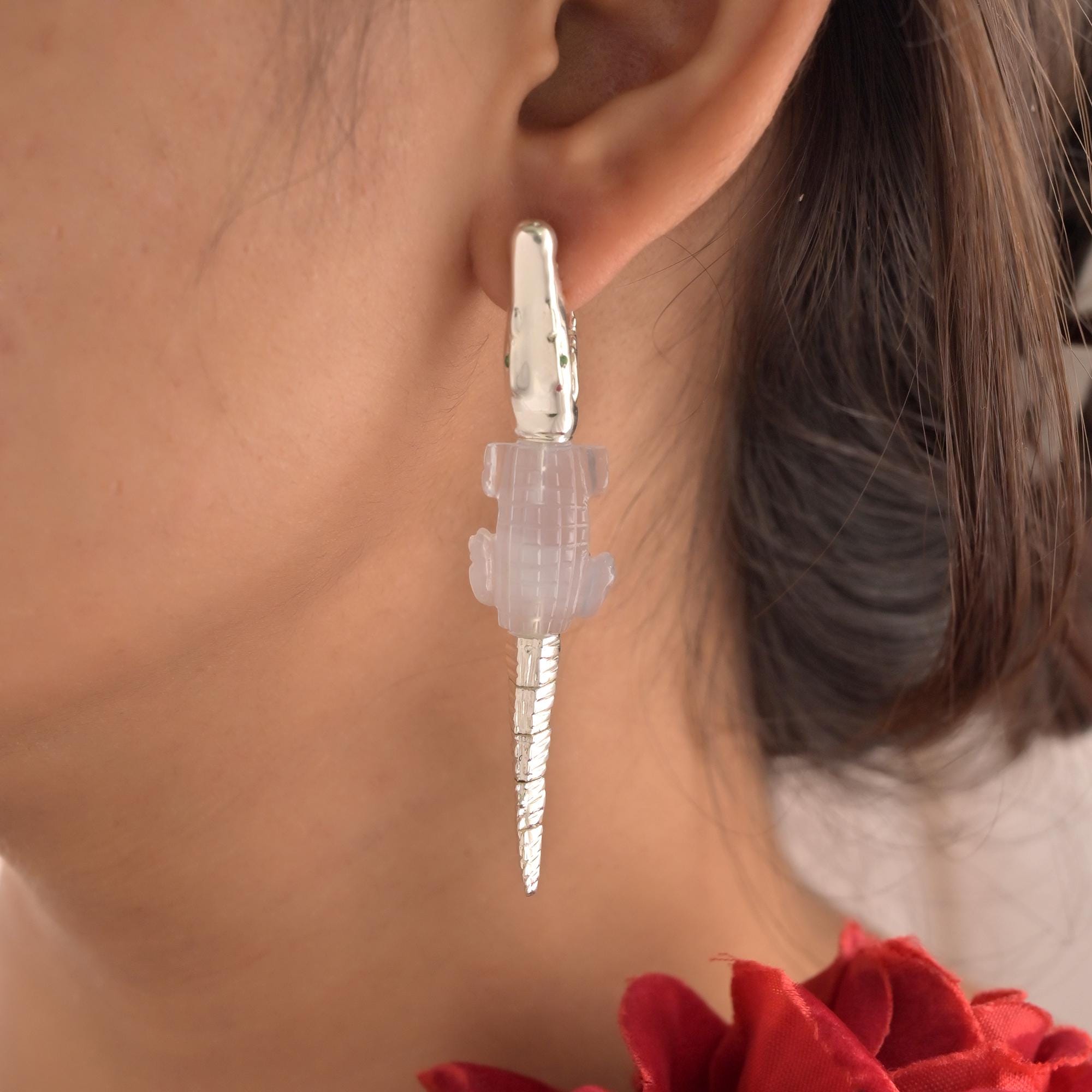 14k Gold Crocodile Earrings: Emerald Accent, Animal Jewelry - View 3 - Suren Jewels | SKU: SJE1015-SLYGWA