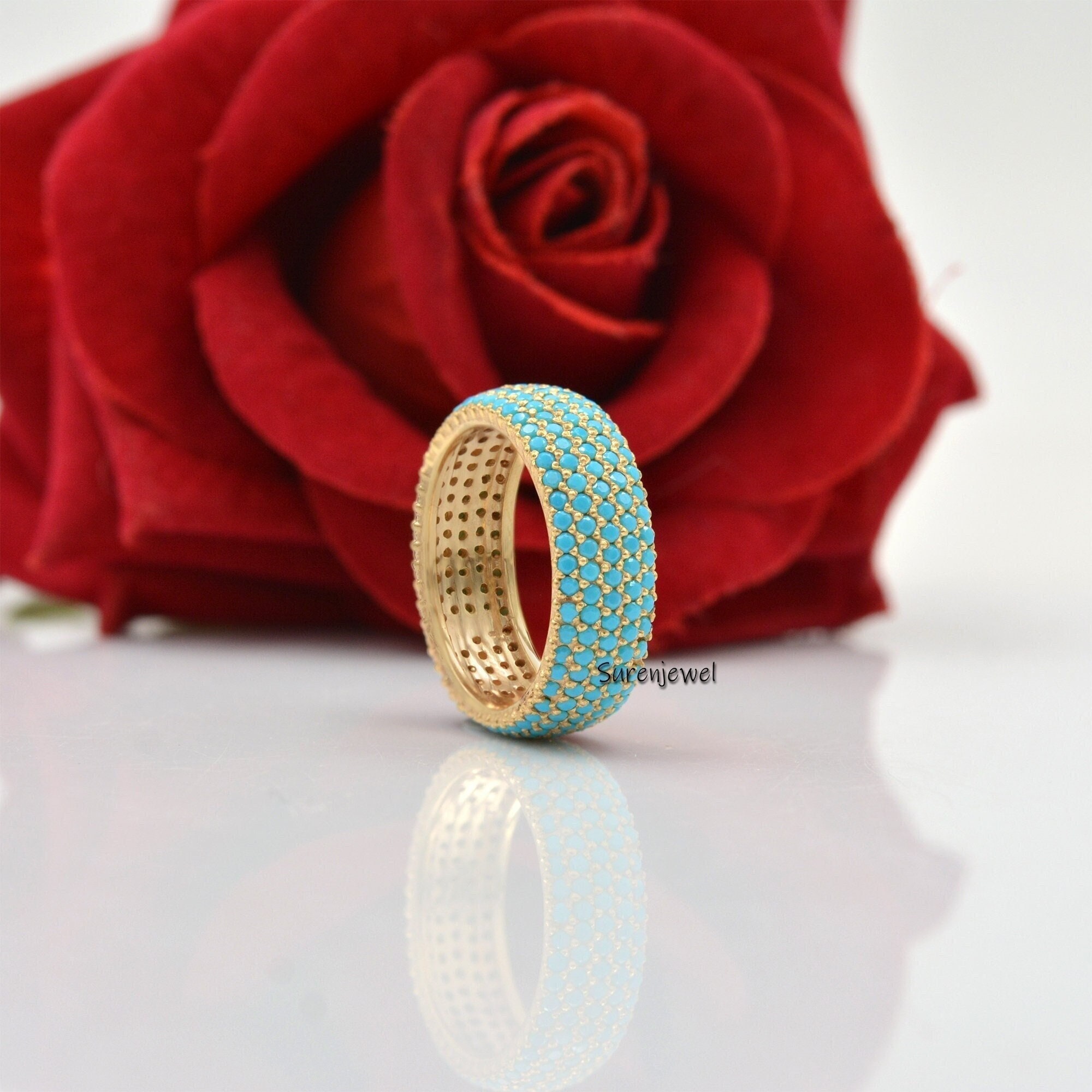 Turkish Turquoise 5 Row Ring, Gemstone Cigar Band - View 5 - Suren Jewels | SKU: SJR801-SLRGRHTQ-US-8