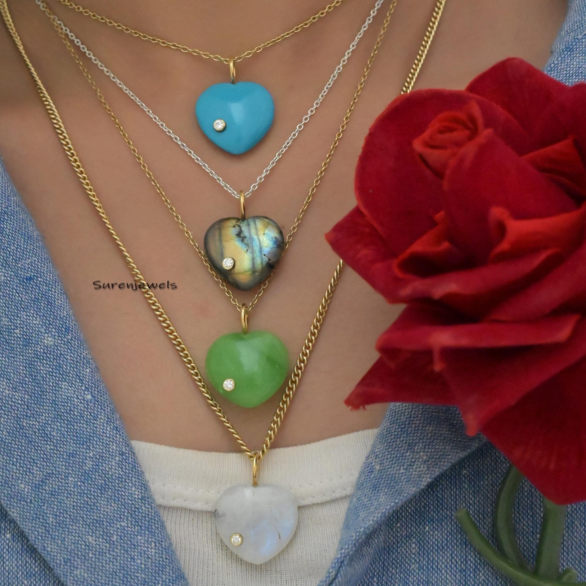 14K Gold Gemstone Heart Pendant, Carved Puffy Heart - View 2 - Suren Jewels | SKU: SJP1060-9KYGLPZWT-20M
