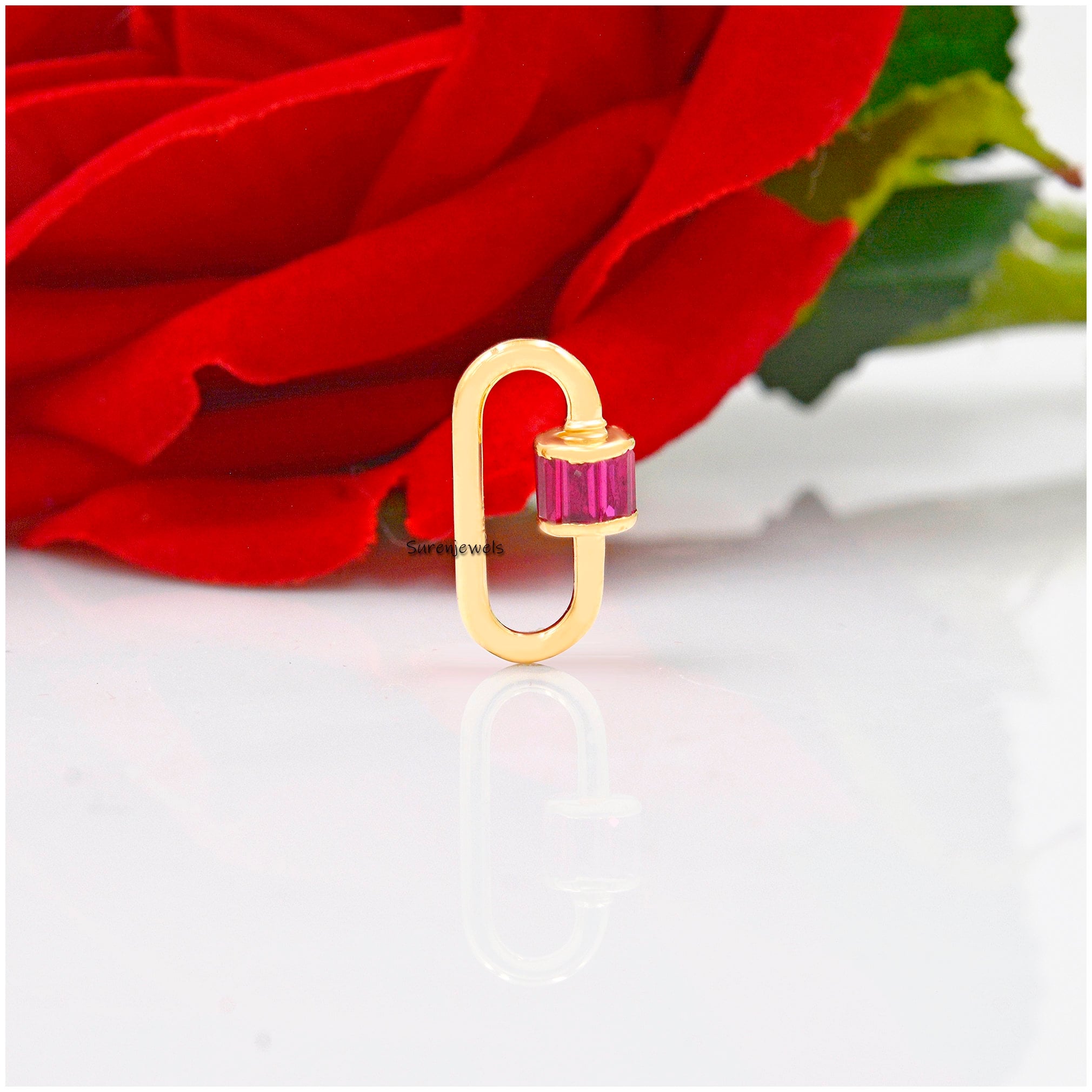 925 Silver Carabiner Lock with Pink Sapphire Baguettes - View 4 - Suren Jewels | SKU: SJC22-SLYGBTTCZP-16M-925