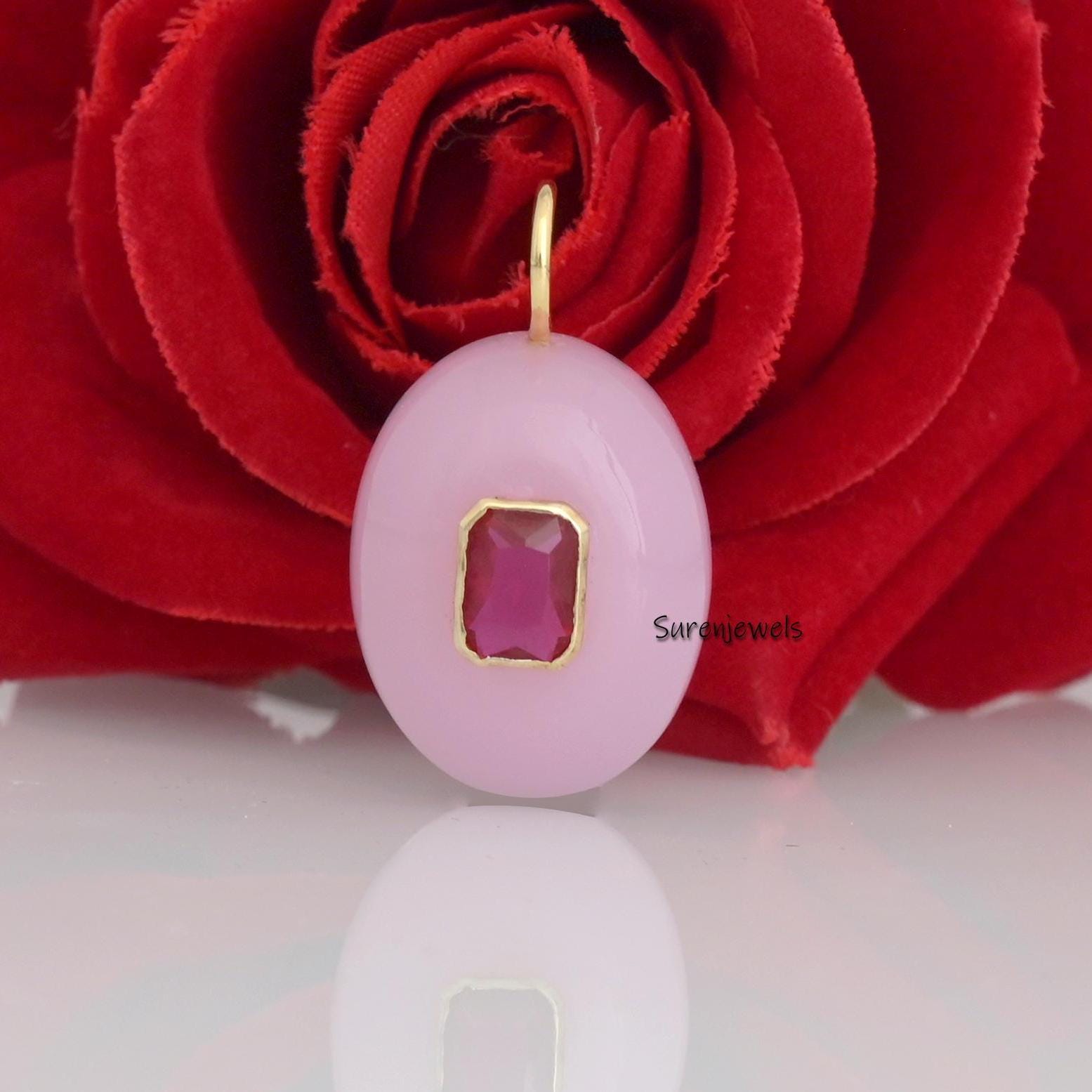 14k Gold Double Gemstone Oval Pendant: Suren Jewels - Suren Jewels | SKU: SJP3369
