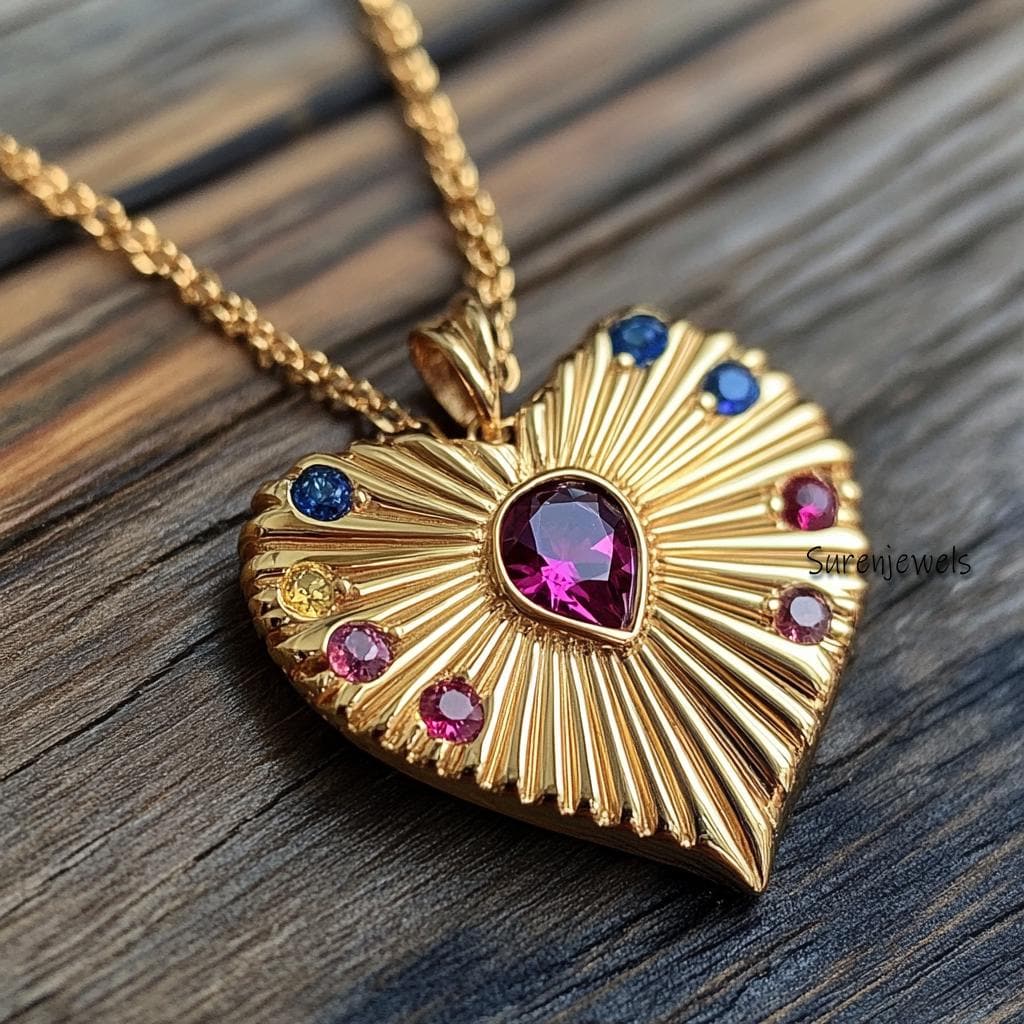 14K Gold Fluted Heart Pendant: Multi Gemstone Sunburst Design - View 2 - Suren Jewels | SKU: SJP4459-SLYGMG-25M,SJP4729-SLYGR
