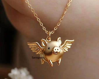 14k Solid Gold Flying Pig Pendant: Animal Jewelry