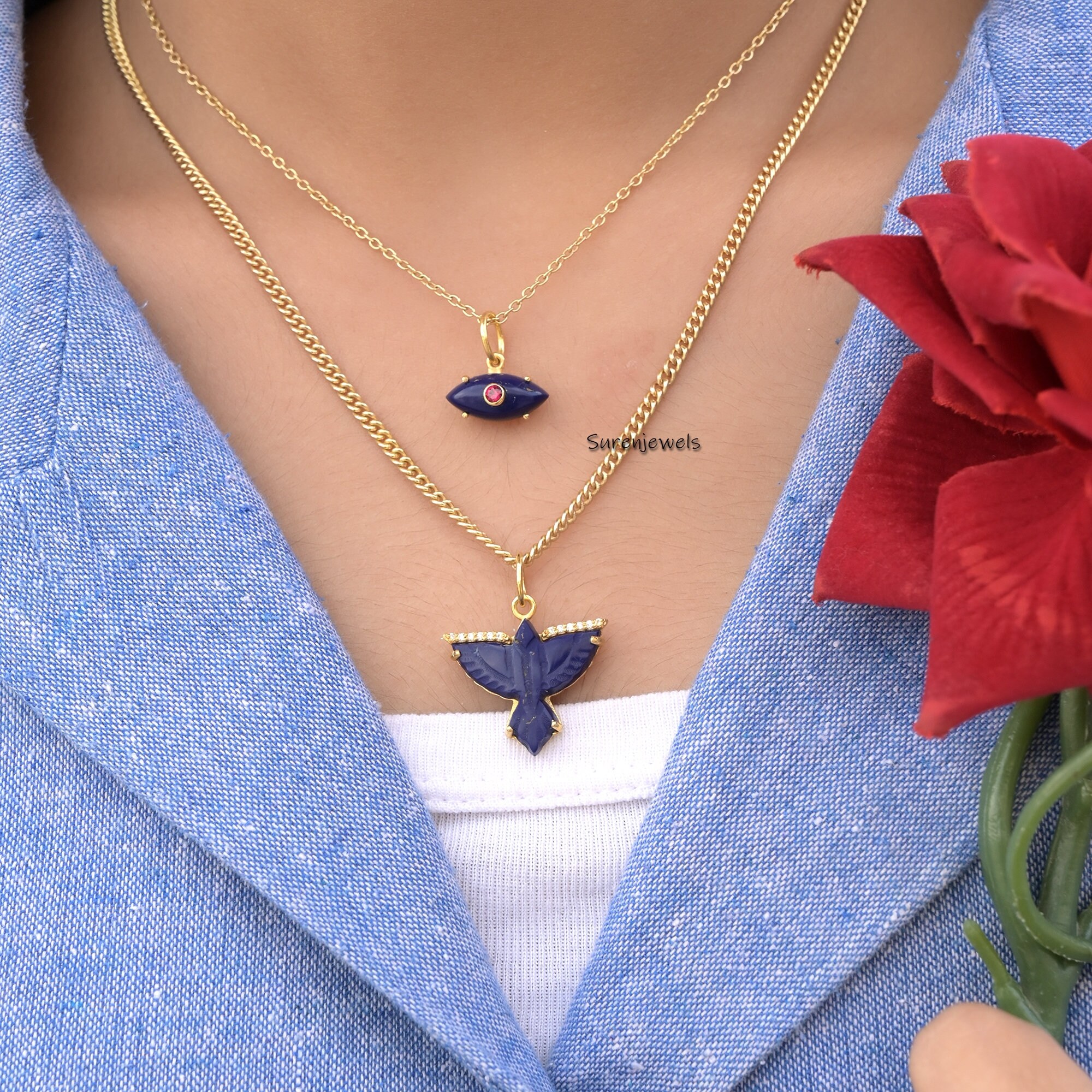 14K Gold Carved Gemstone Bird Pendant: Flying Swallow Charm - View 6 - Suren Jewels | SKU: SJP1711