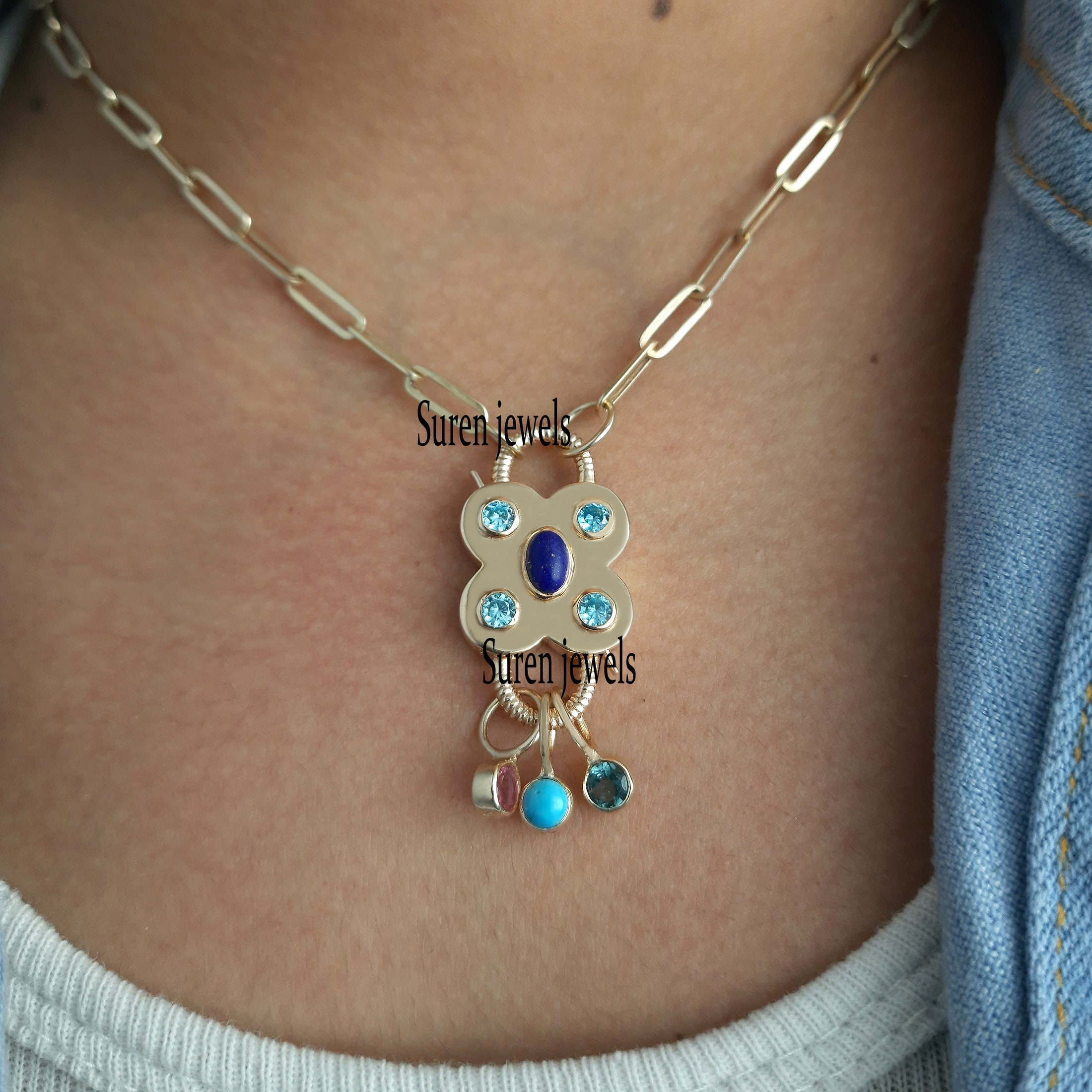 925 Silver Gemstone Padlock Pendant: Lapis, Turquoise Drop Necklace - View 4 - Suren Jewels | SKU: SJP65-SJP468-SJN47-18I