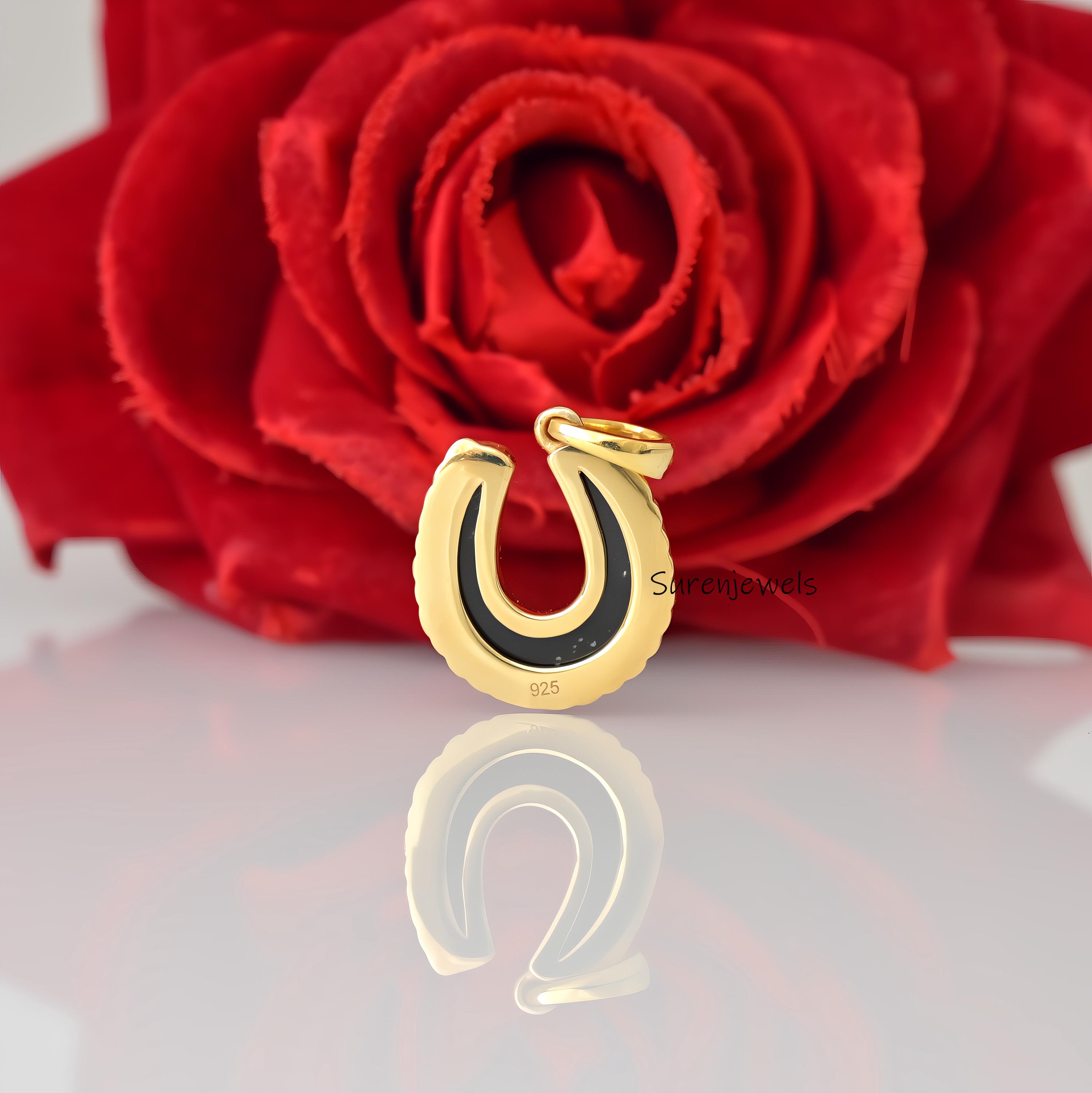 14K Gold Horseshoe Pendant, Turquoise Gemstone Charm - View 2 - Suren Jewels | SKU: SJP4918-SLYGBSBCZ-25M