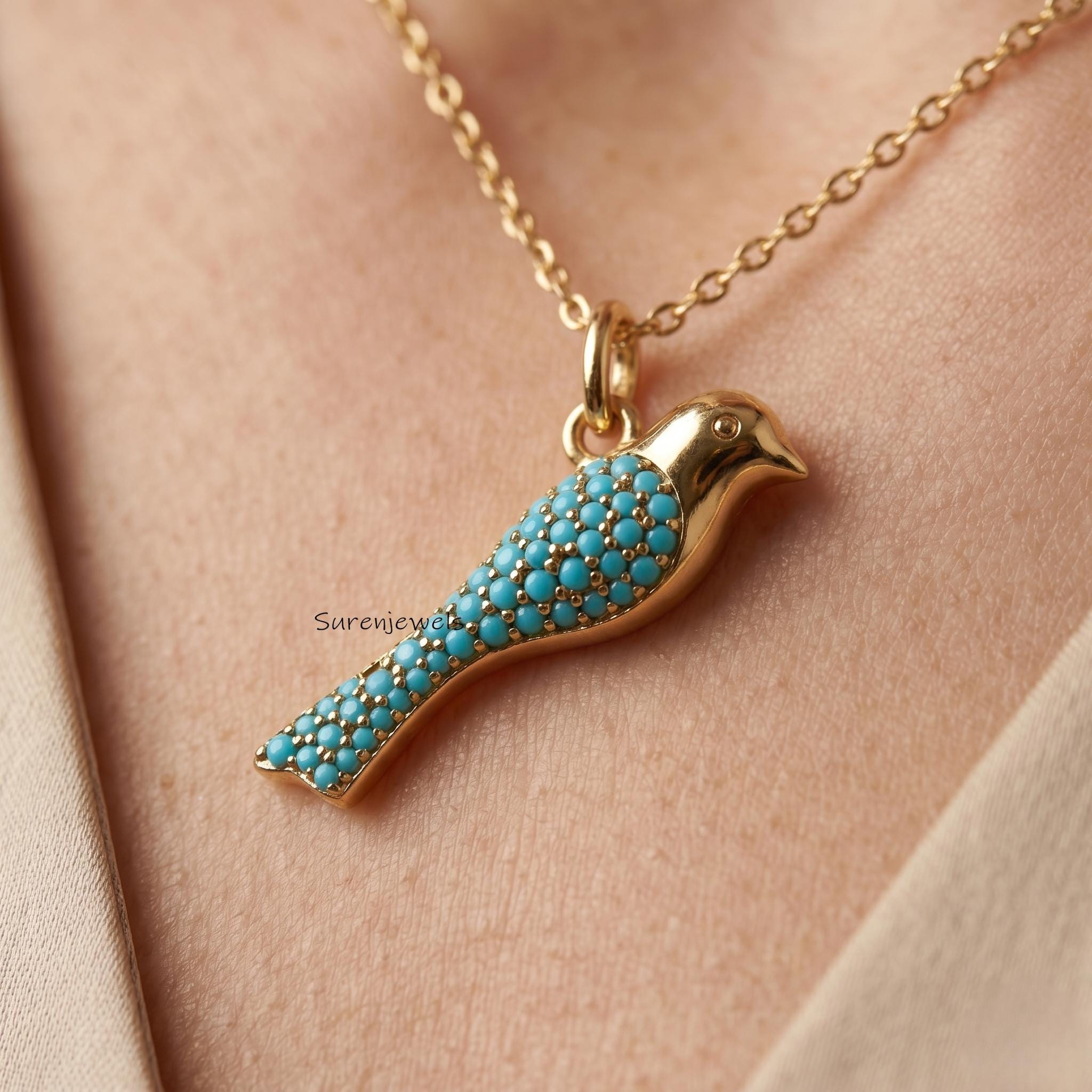 14k Gold Turquoise Bird Pendant, Hand Carved Animal Jewelry, Gemstone Bird Pendant - Suren Jewels | SKU: SJP